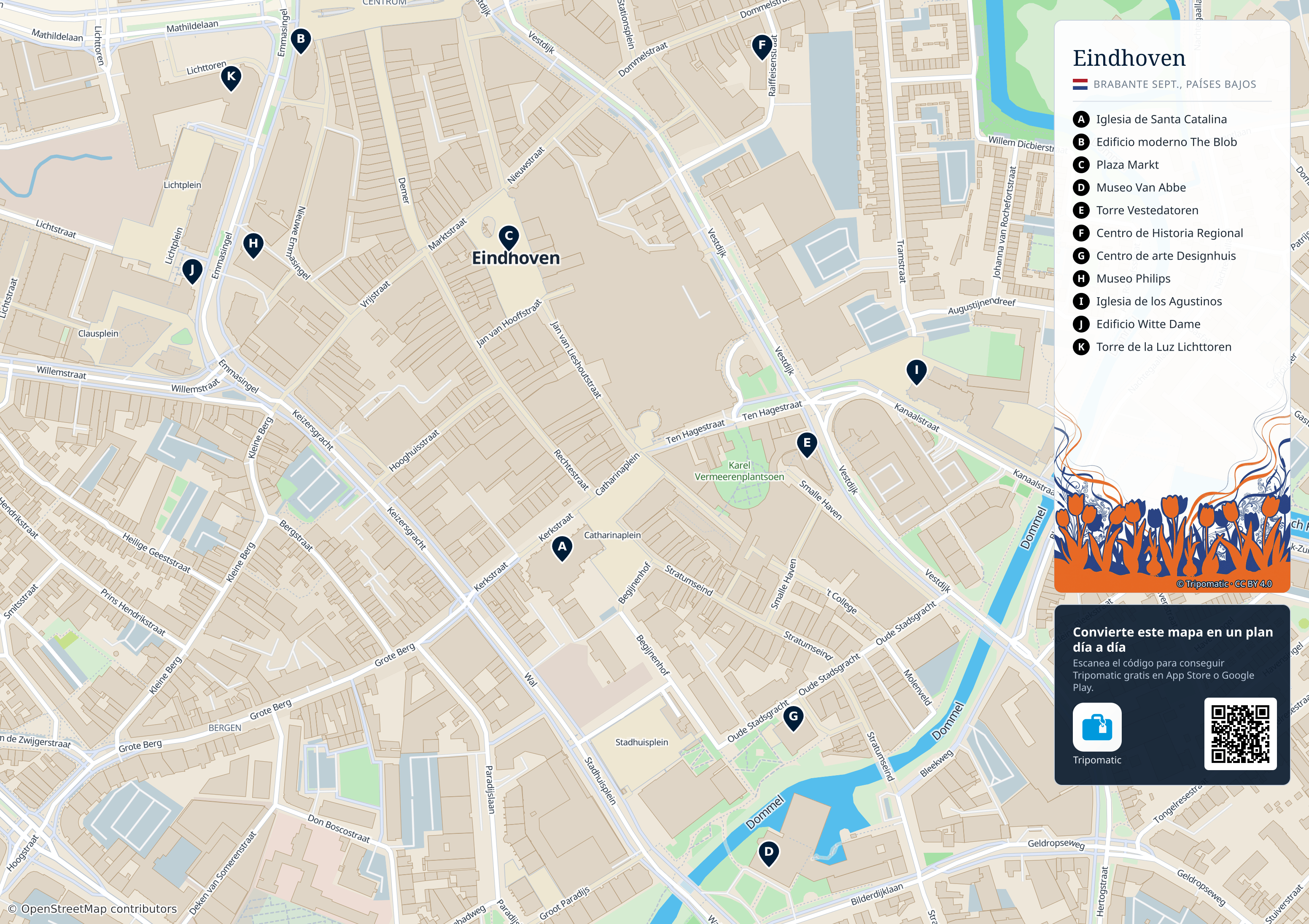 Eindhoven – mapa turístico para imprimir con las principales atracciones numeradas
