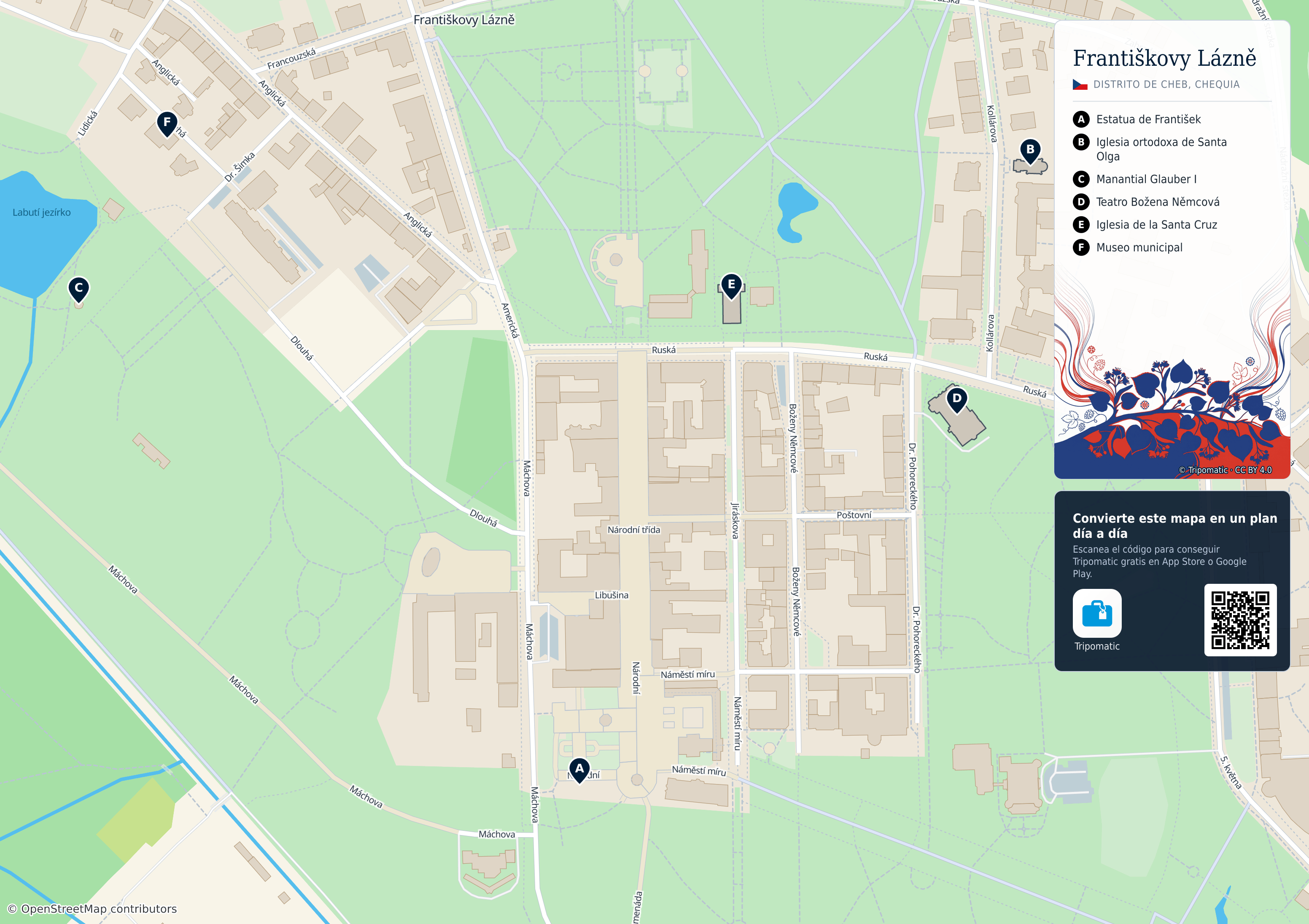 Františkovy Lázně – mapa turístico para imprimir con las principales atracciones numeradas