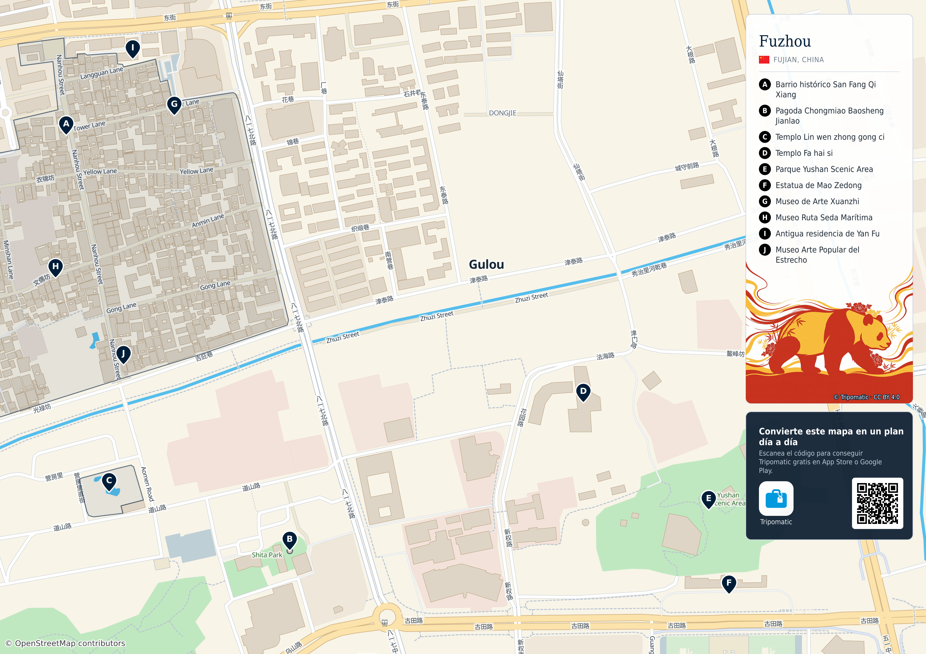 Fuzhou – mapa turístico para imprimir con las principales atracciones numeradas