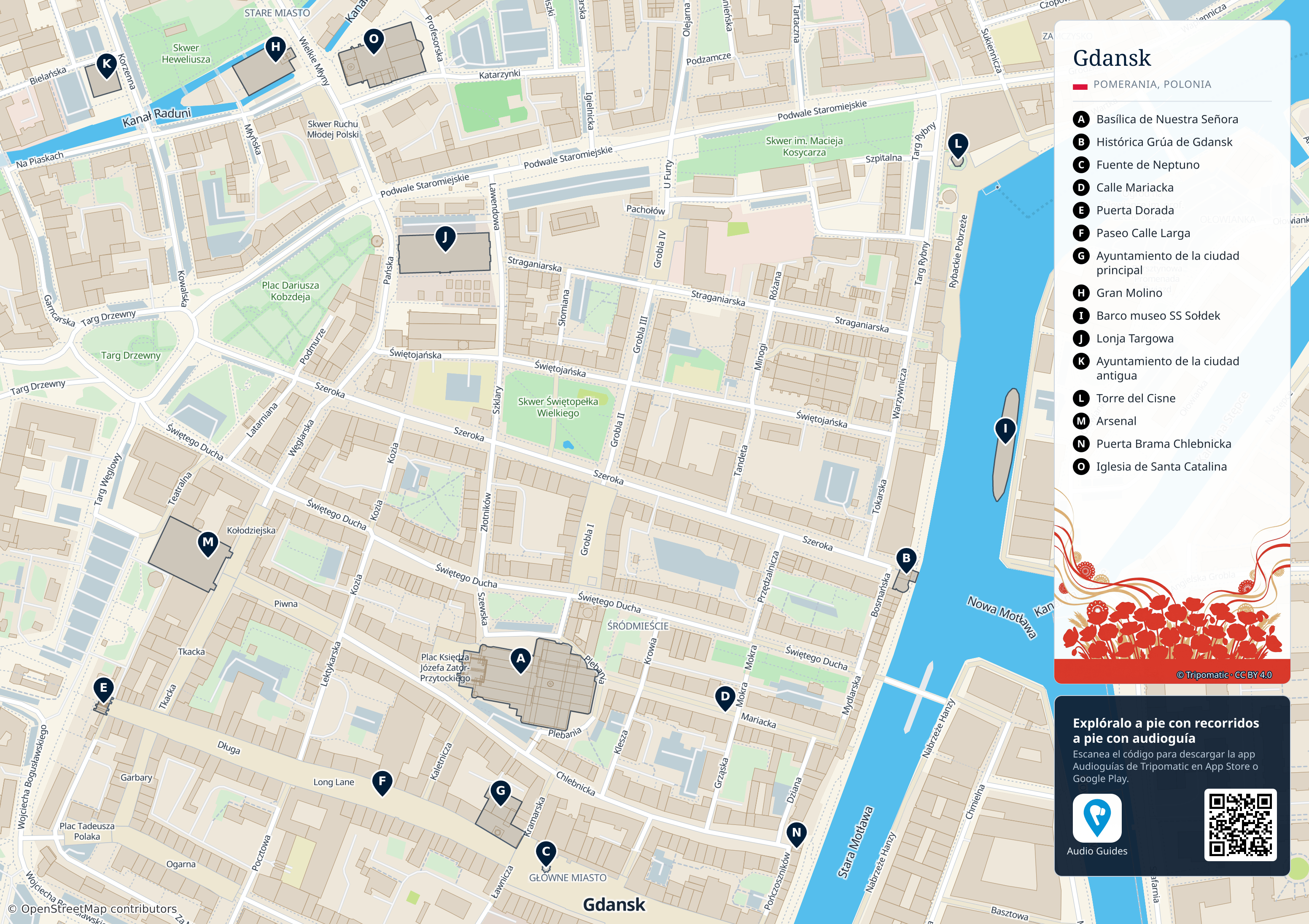 Gdansk – mapa turístico para imprimir con las principales atracciones numeradas