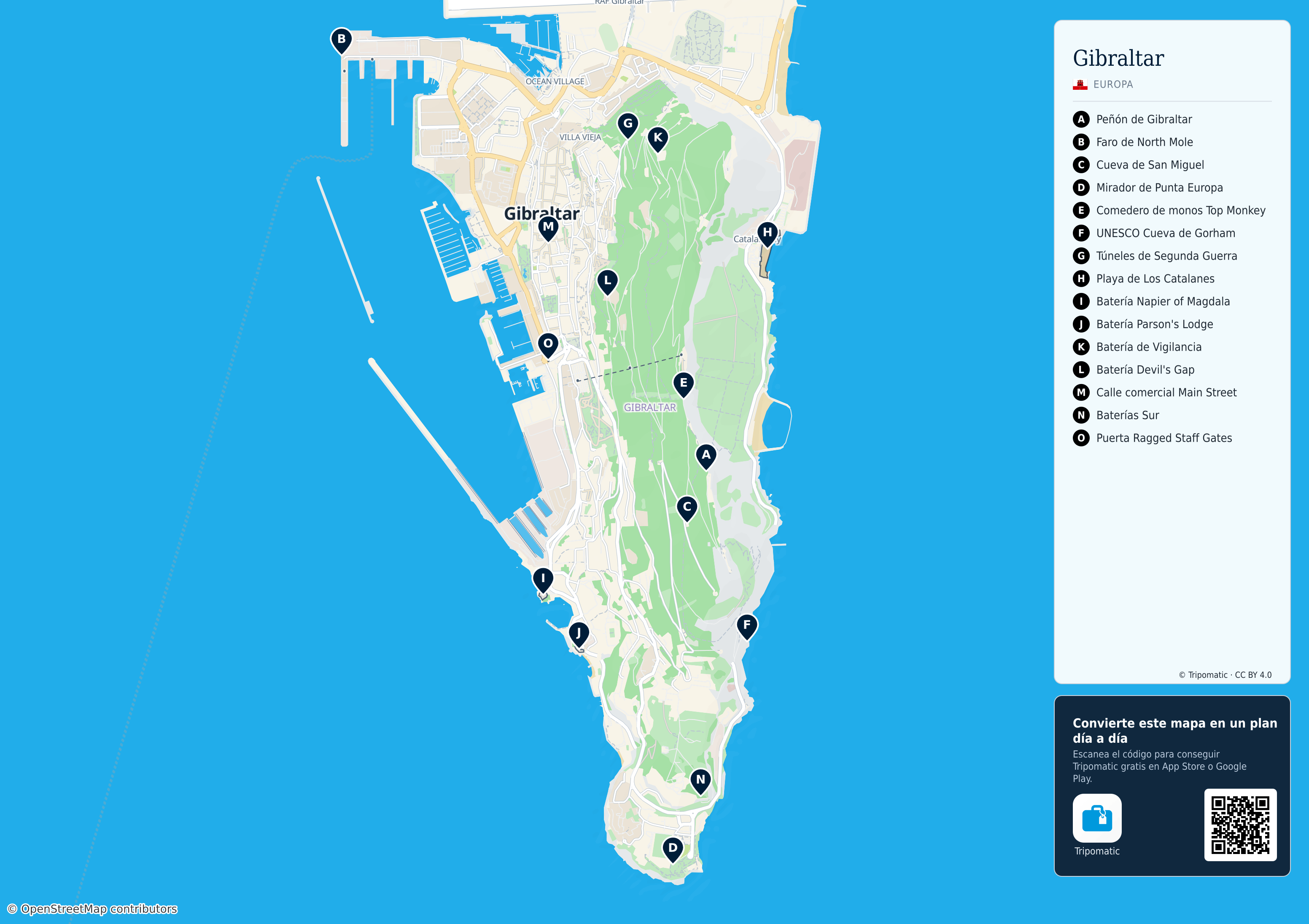 Gibraltar – mapa turístico para imprimir con las principales atracciones numeradas