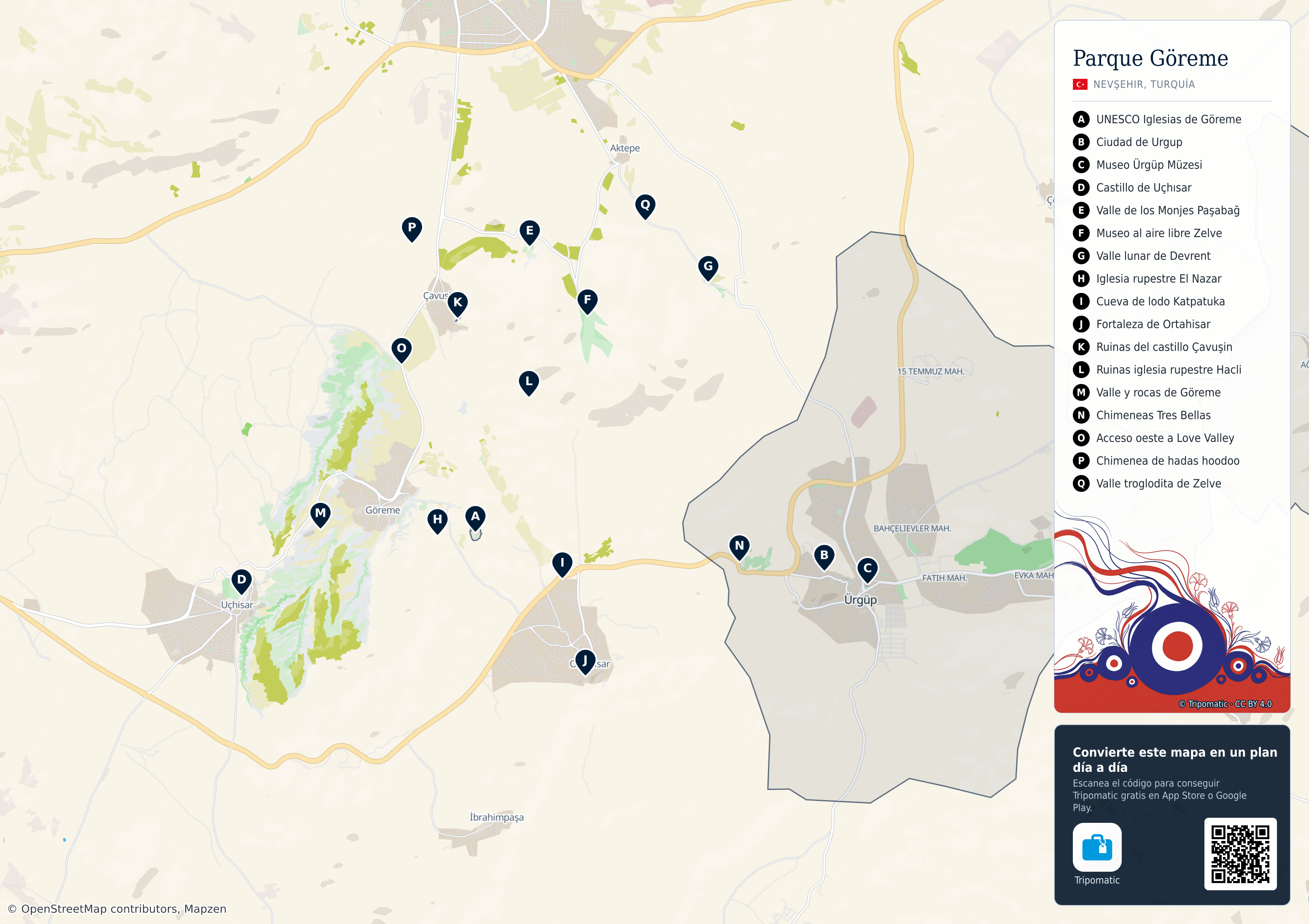 Göreme Historical National Park – mapa turístico para imprimir con las principales atracciones numeradas