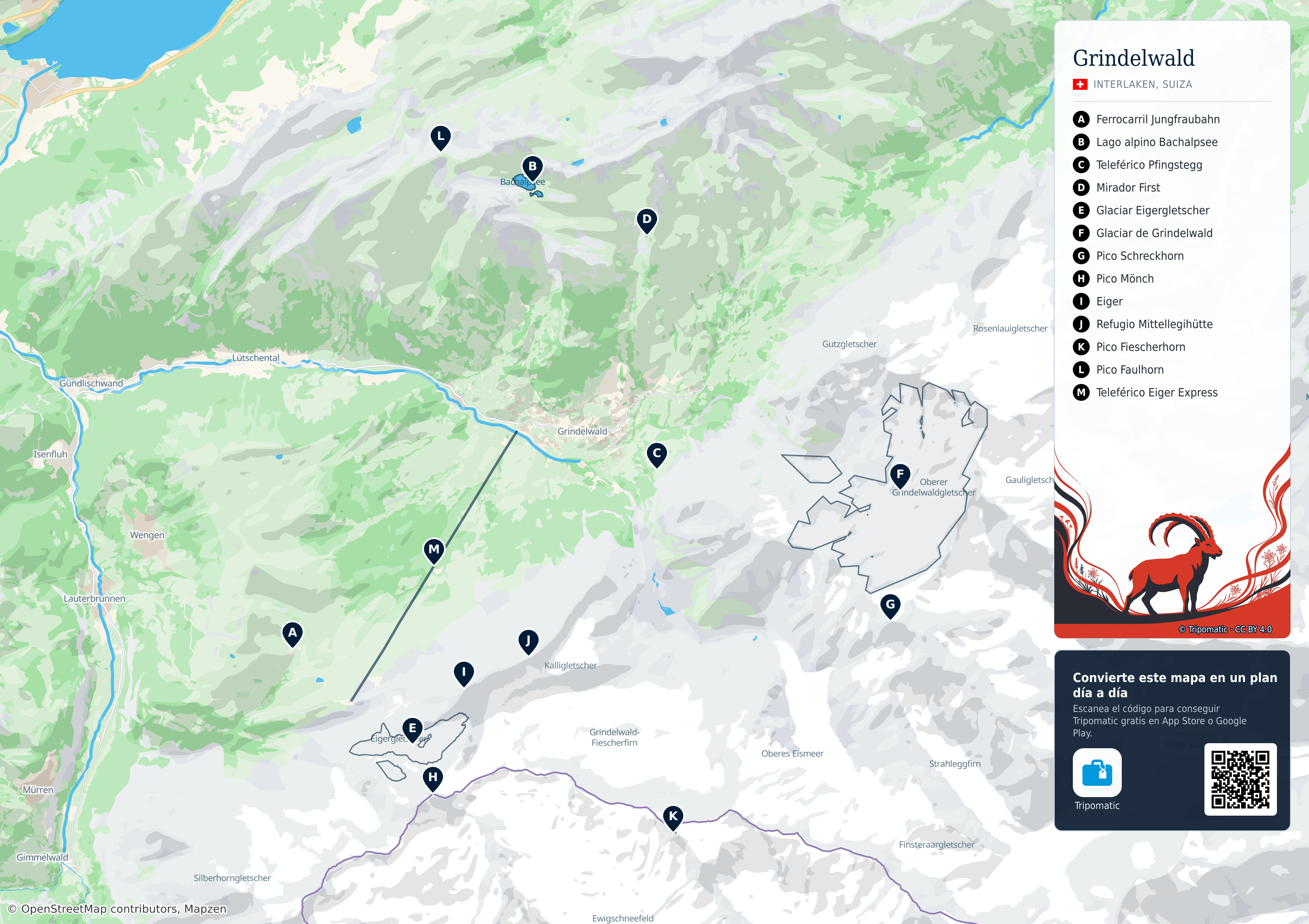 Grindelwald – mapa turístico para imprimir con las principales atracciones numeradas