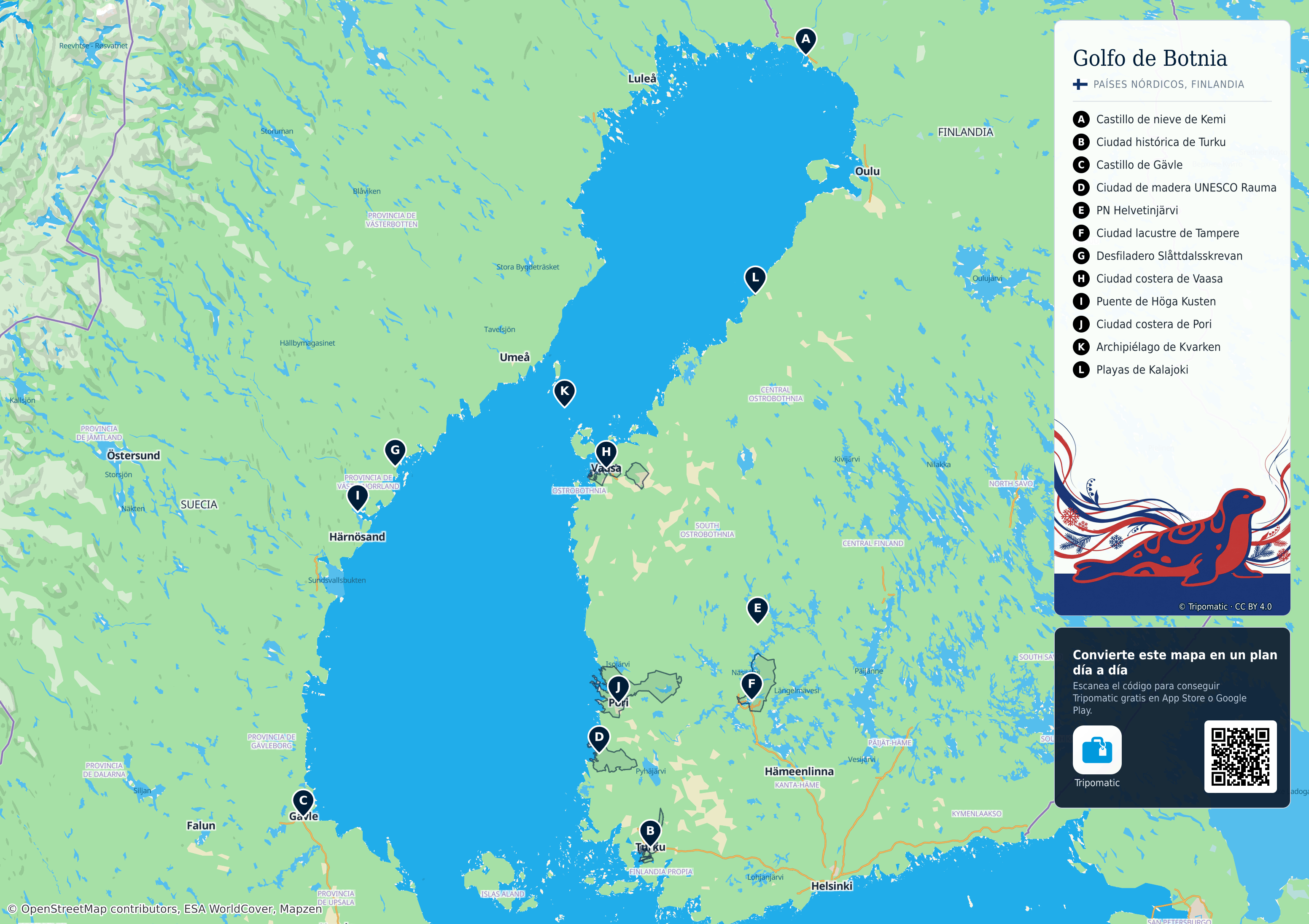 Golfo de Botnia – mapa turístico para imprimir con las principales atracciones numeradas
