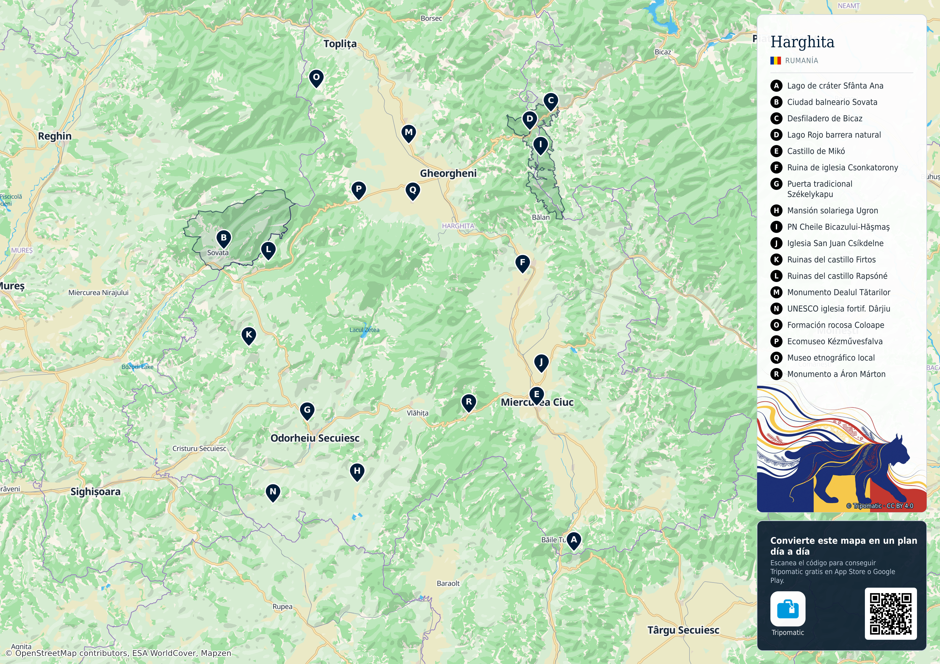 Harghita – mapa turístico para imprimir con las principales atracciones numeradas