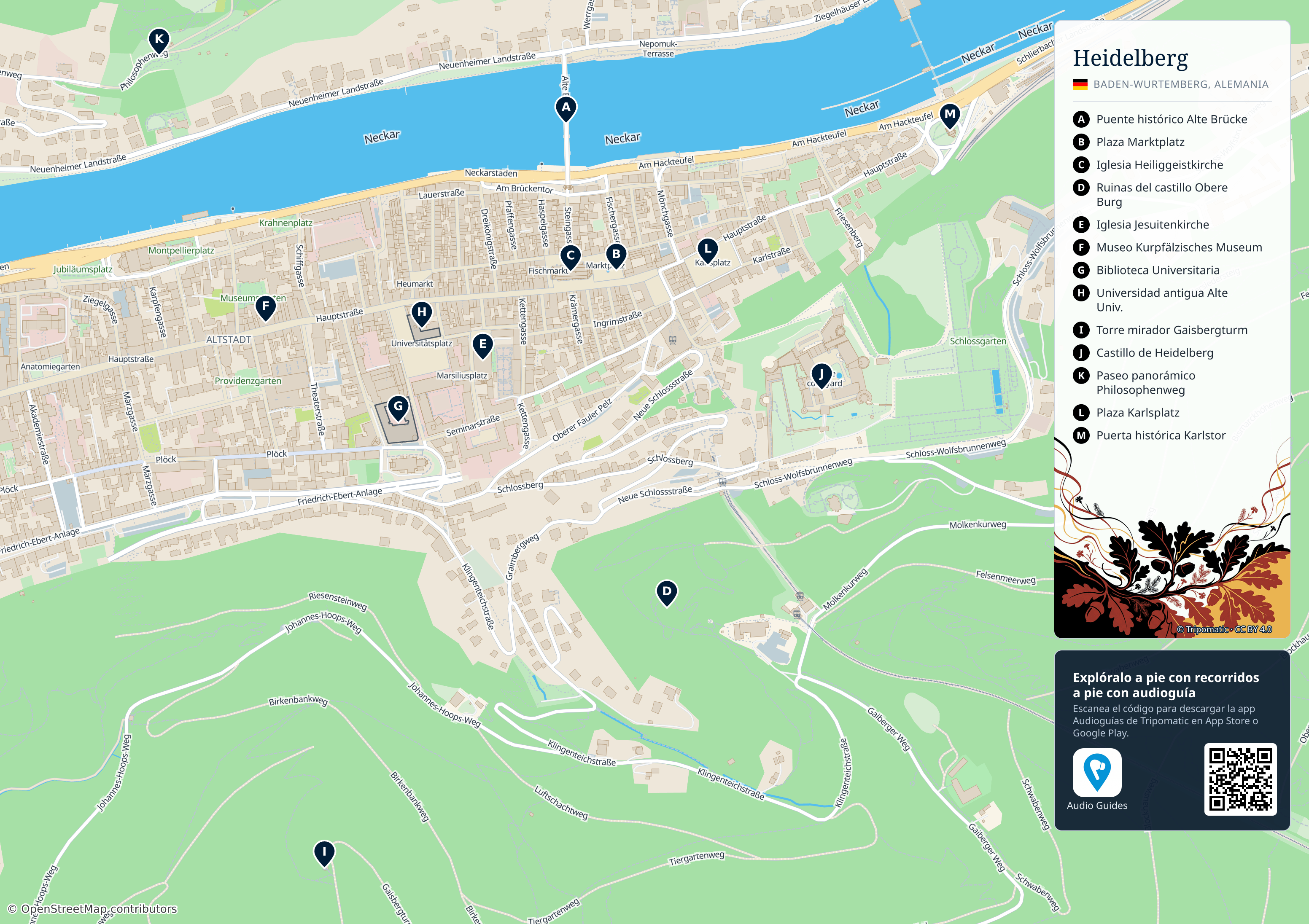 Heidelberg – mapa turístico para imprimir con las principales atracciones numeradas