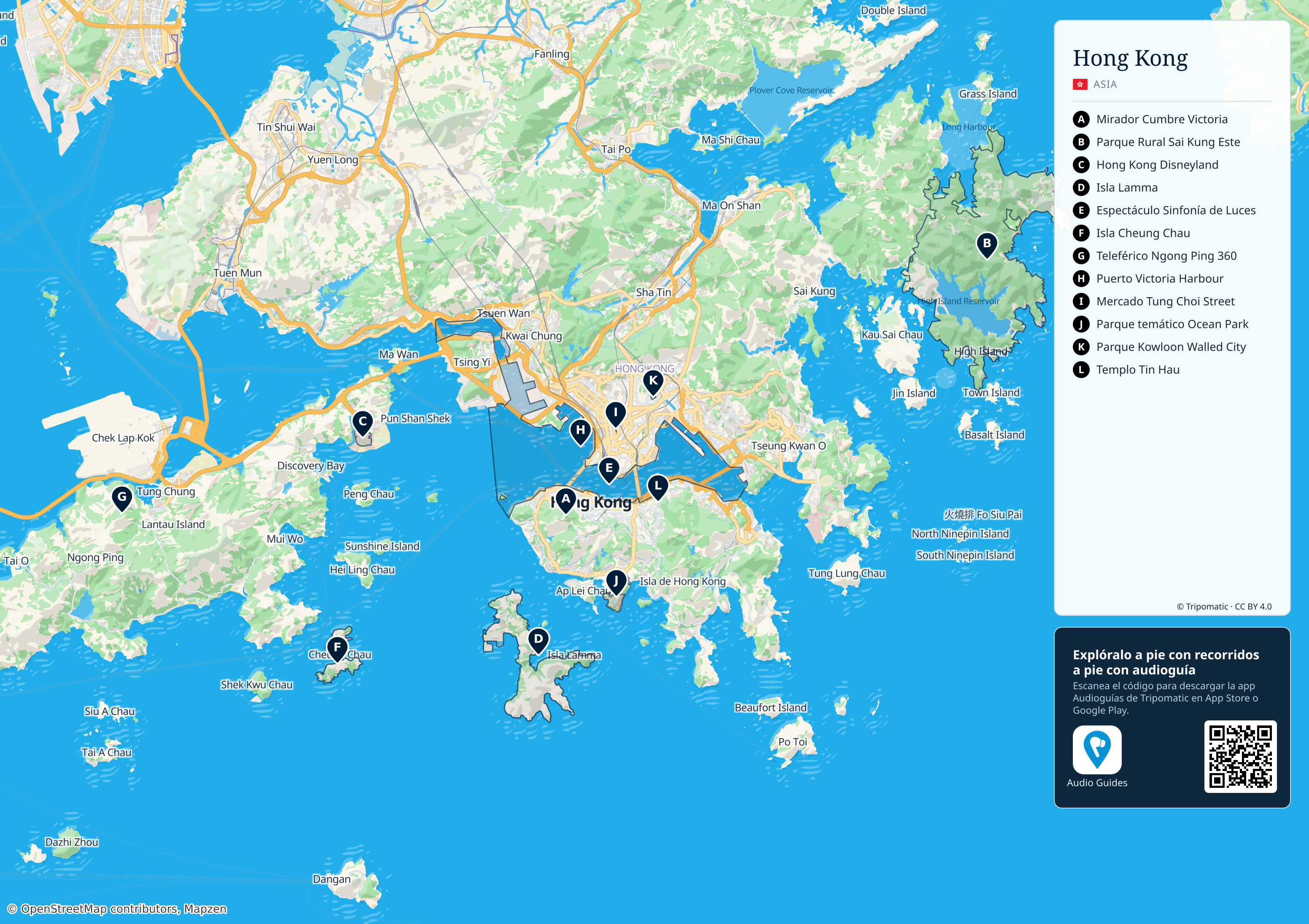 Hong Kong – mapa turístico para imprimir con las principales atracciones numeradas