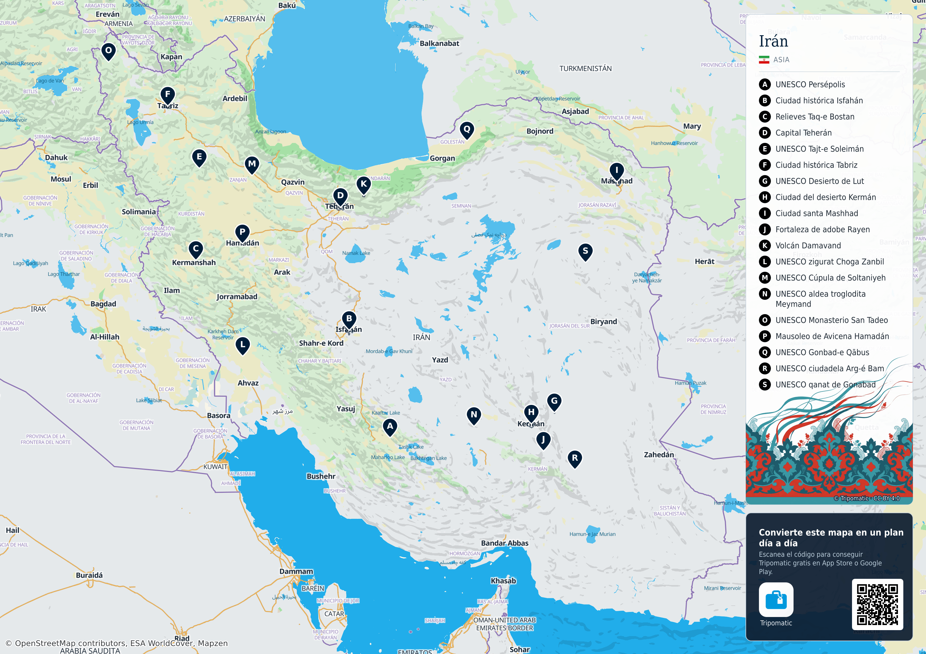 Irán – mapa turístico para imprimir con las principales atracciones numeradas
