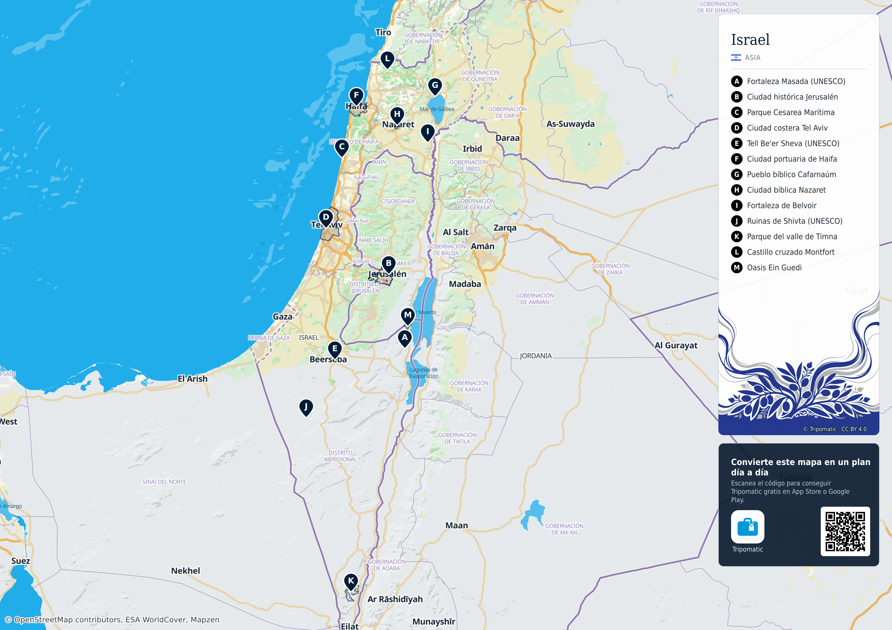 Israel – mapa turístico para imprimir con las principales atracciones numeradas