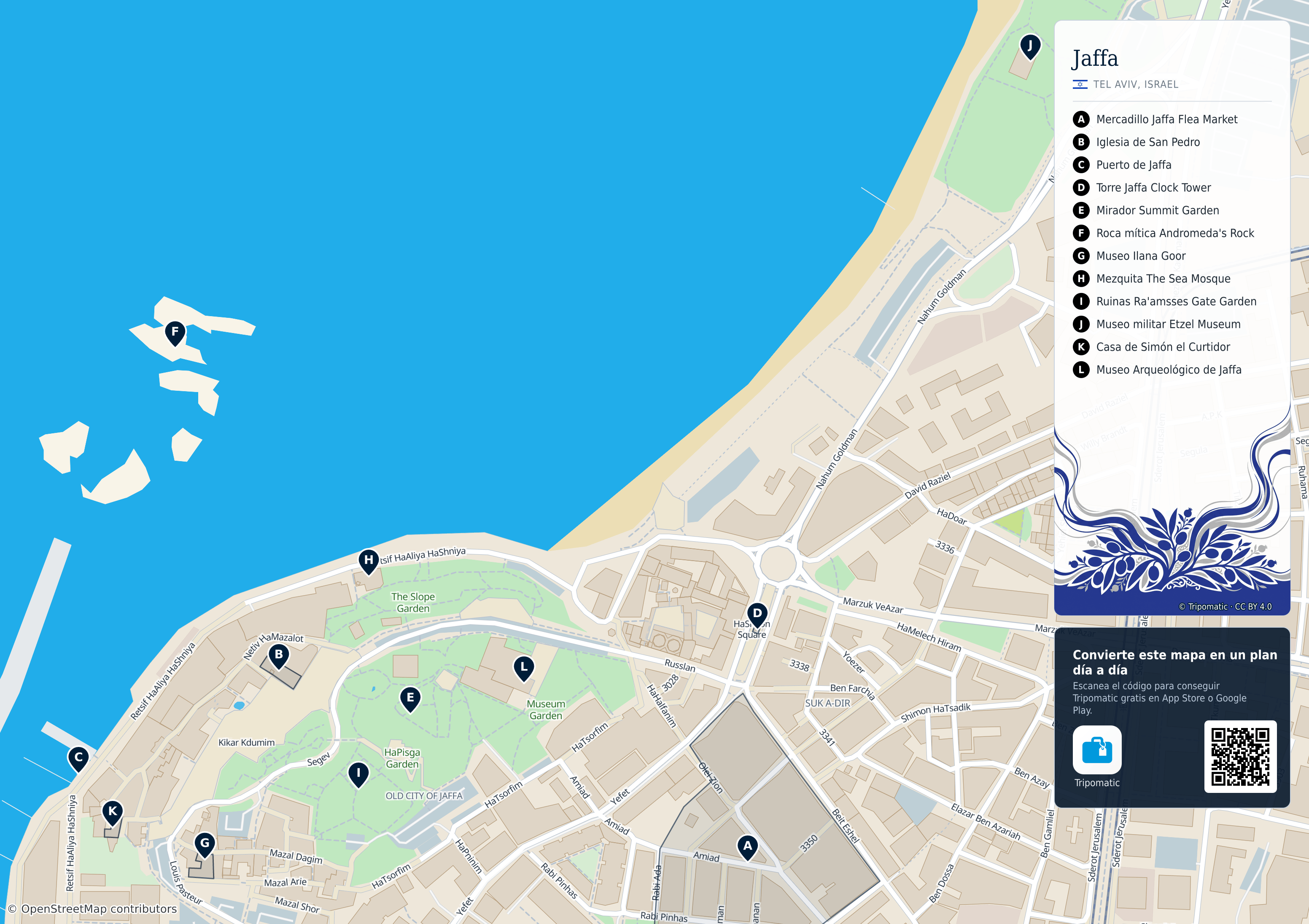 Jaffa – mapa turístico para imprimir con las principales atracciones numeradas