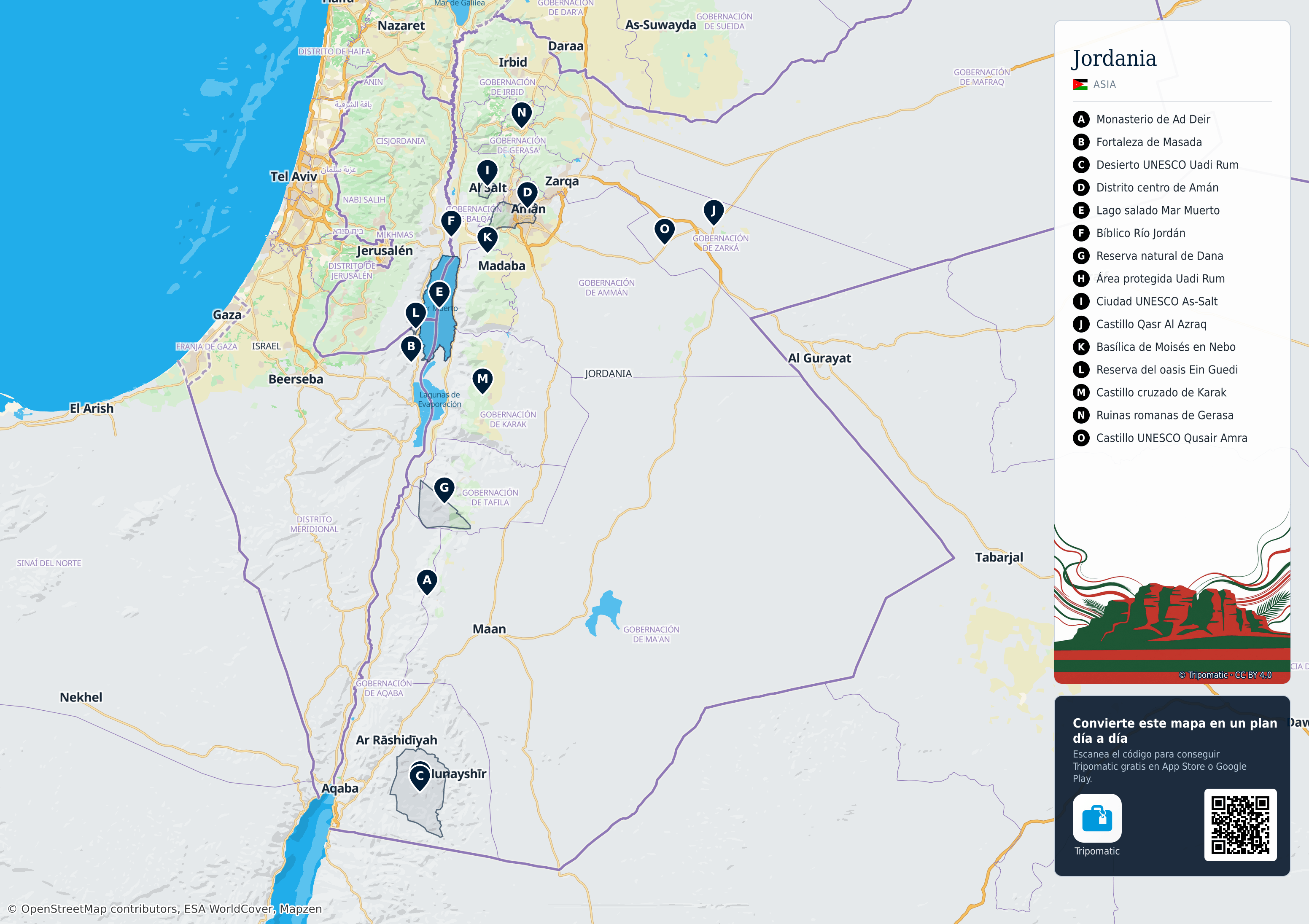 Jordania – mapa turístico para imprimir con las principales atracciones numeradas