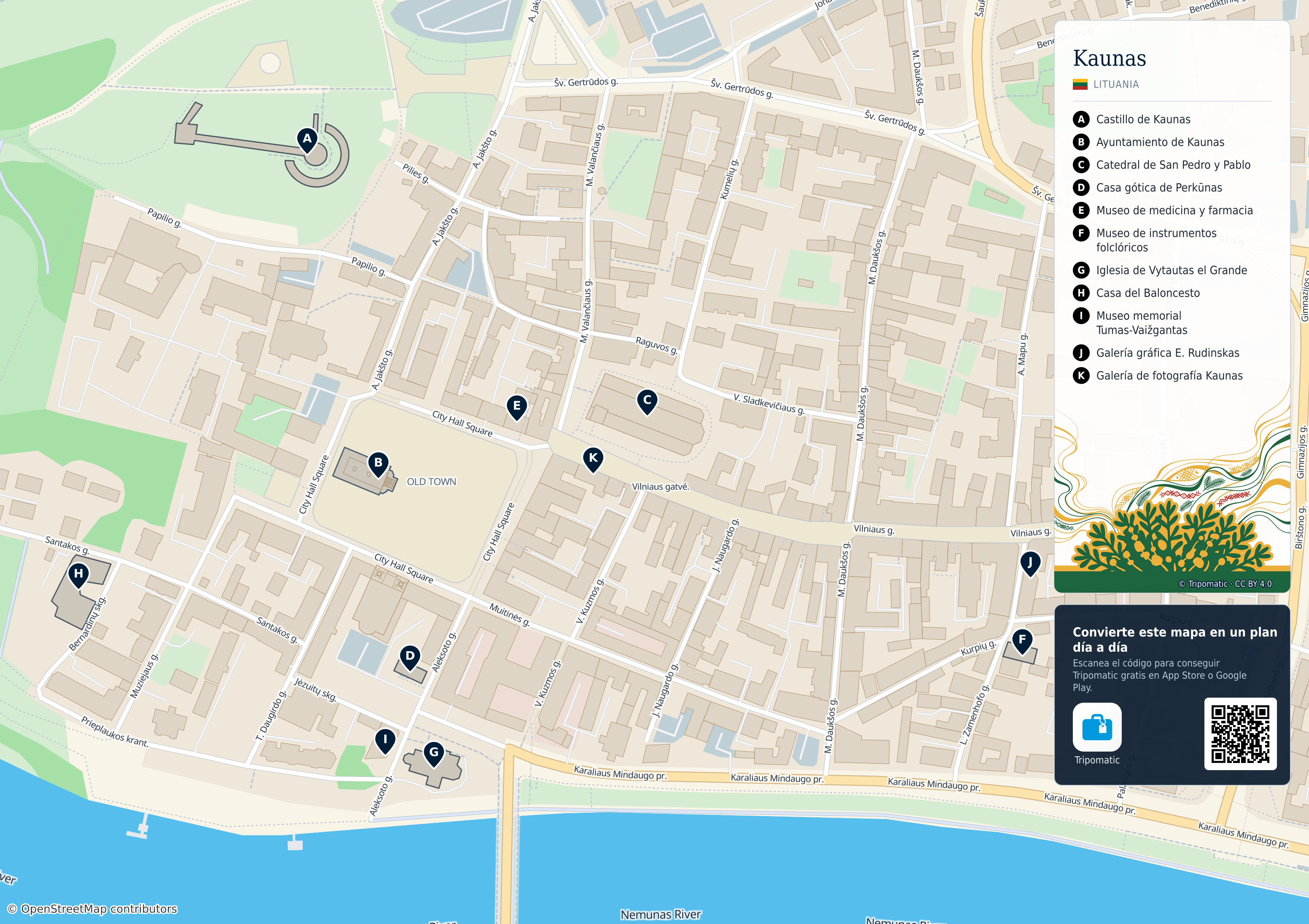 Kaunas – mapa turístico para imprimir con las principales atracciones numeradas