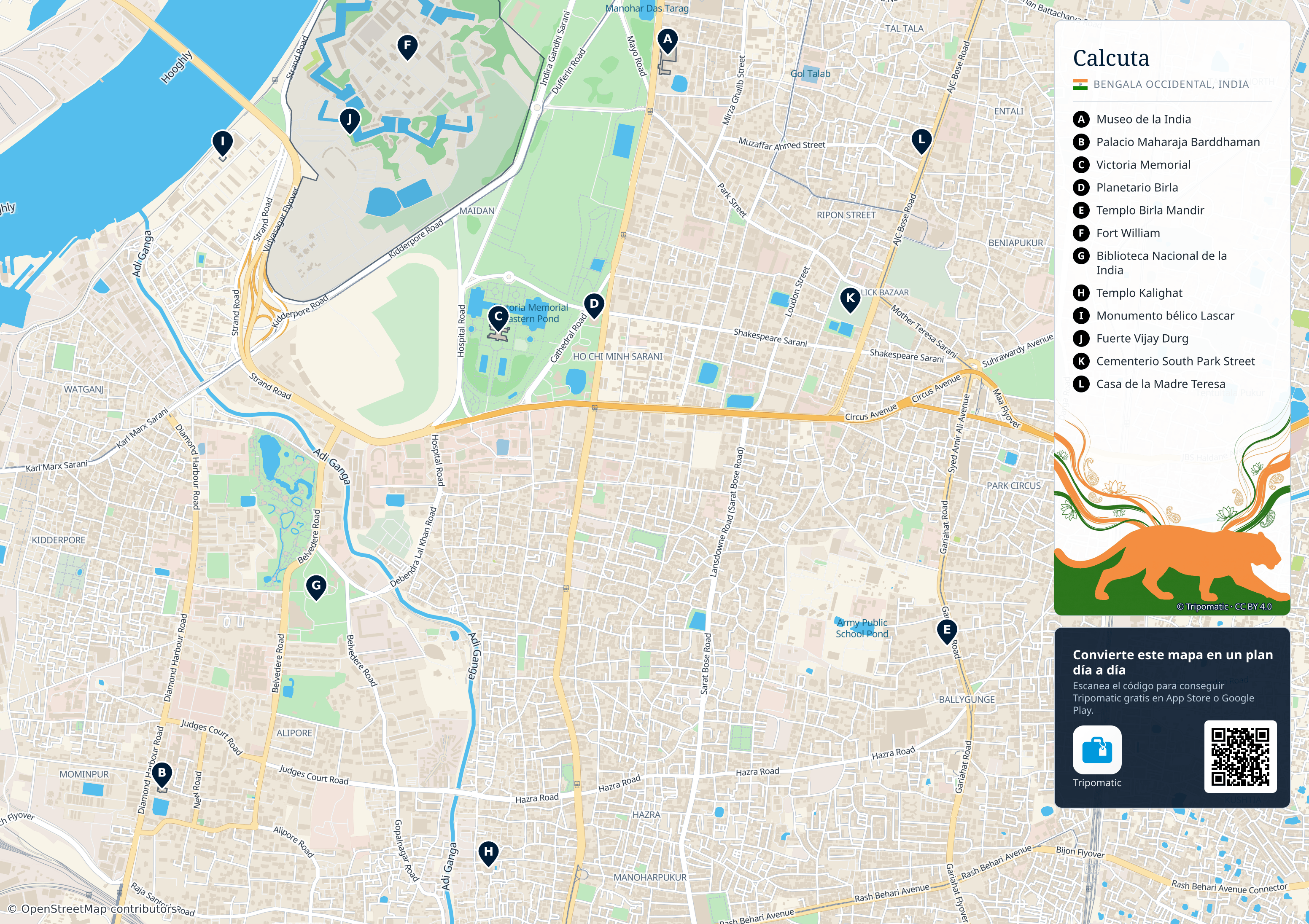 Calcuta – mapa turístico para imprimir con las principales atracciones numeradas