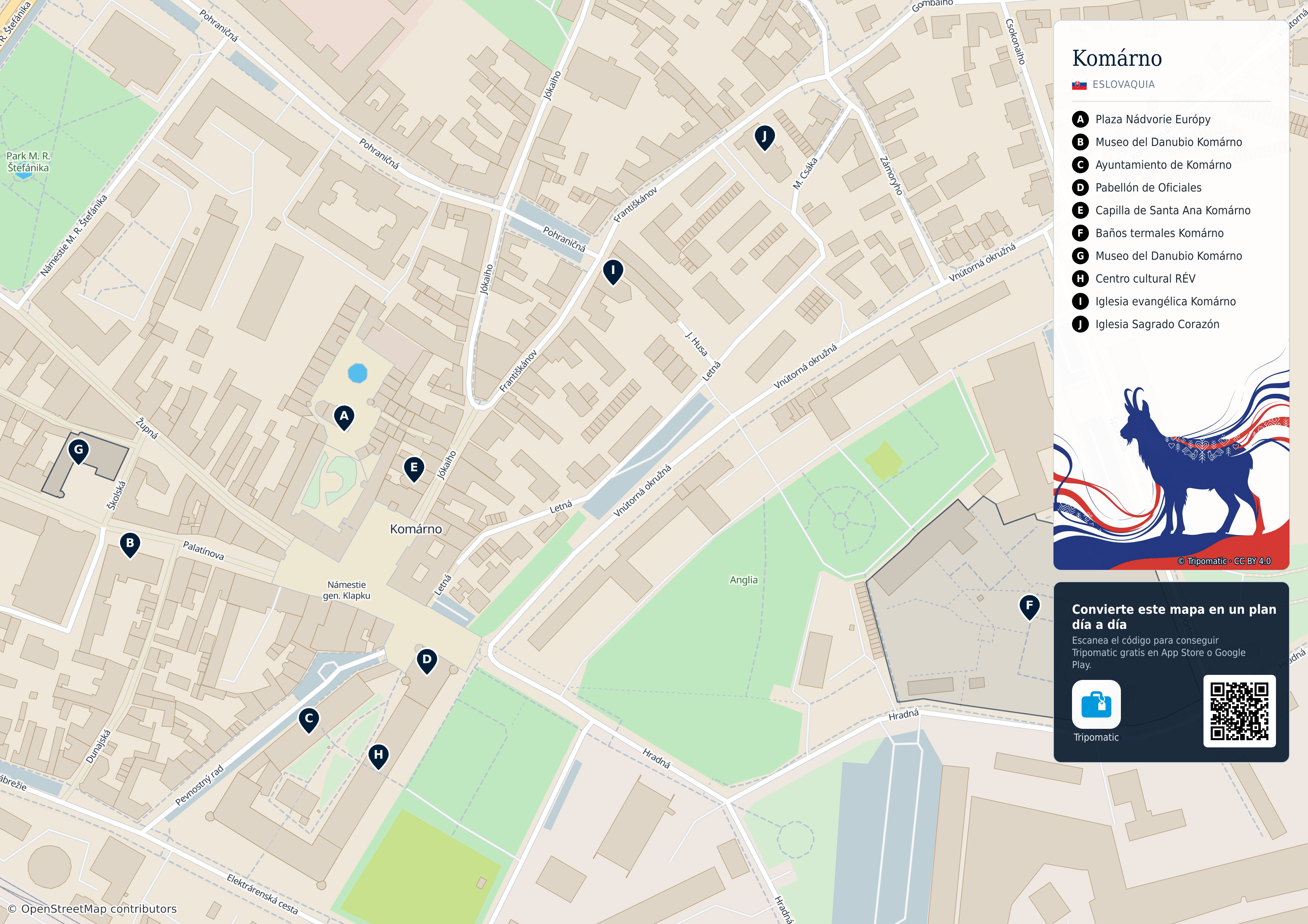 Komárno – mapa turístico para imprimir con las principales atracciones numeradas