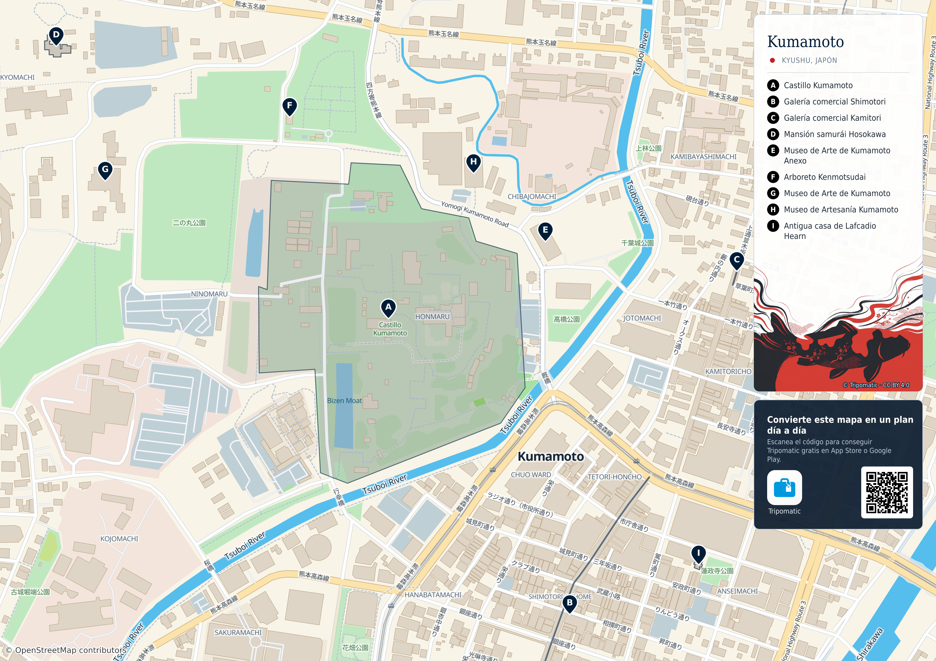 Kumamoto – mapa turístico para imprimir con las principales atracciones numeradas