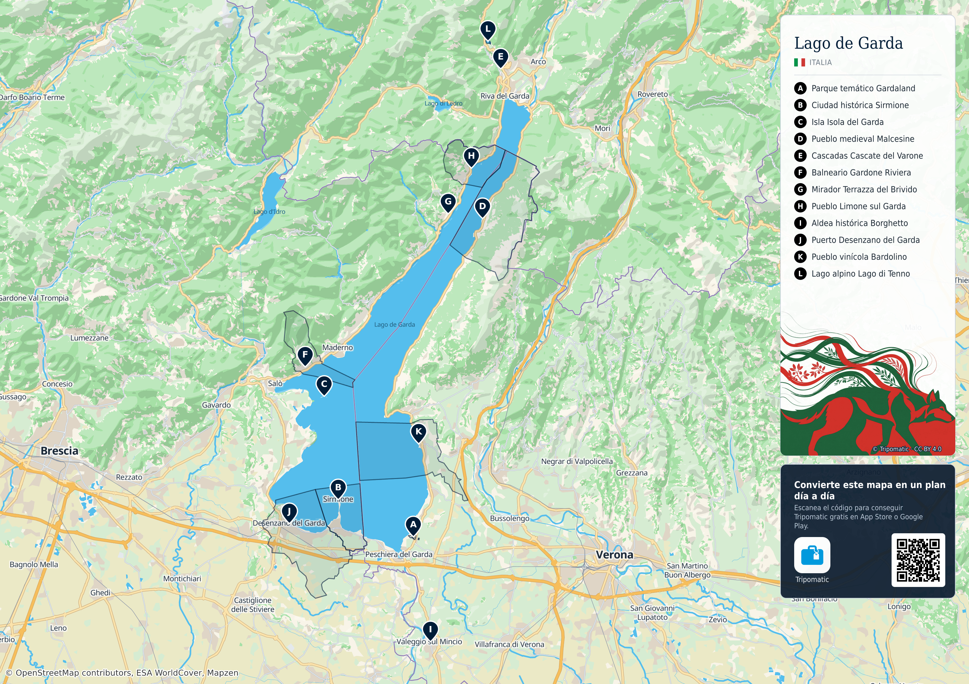 Lago de Garda – mapa turístico para imprimir con las principales atracciones numeradas