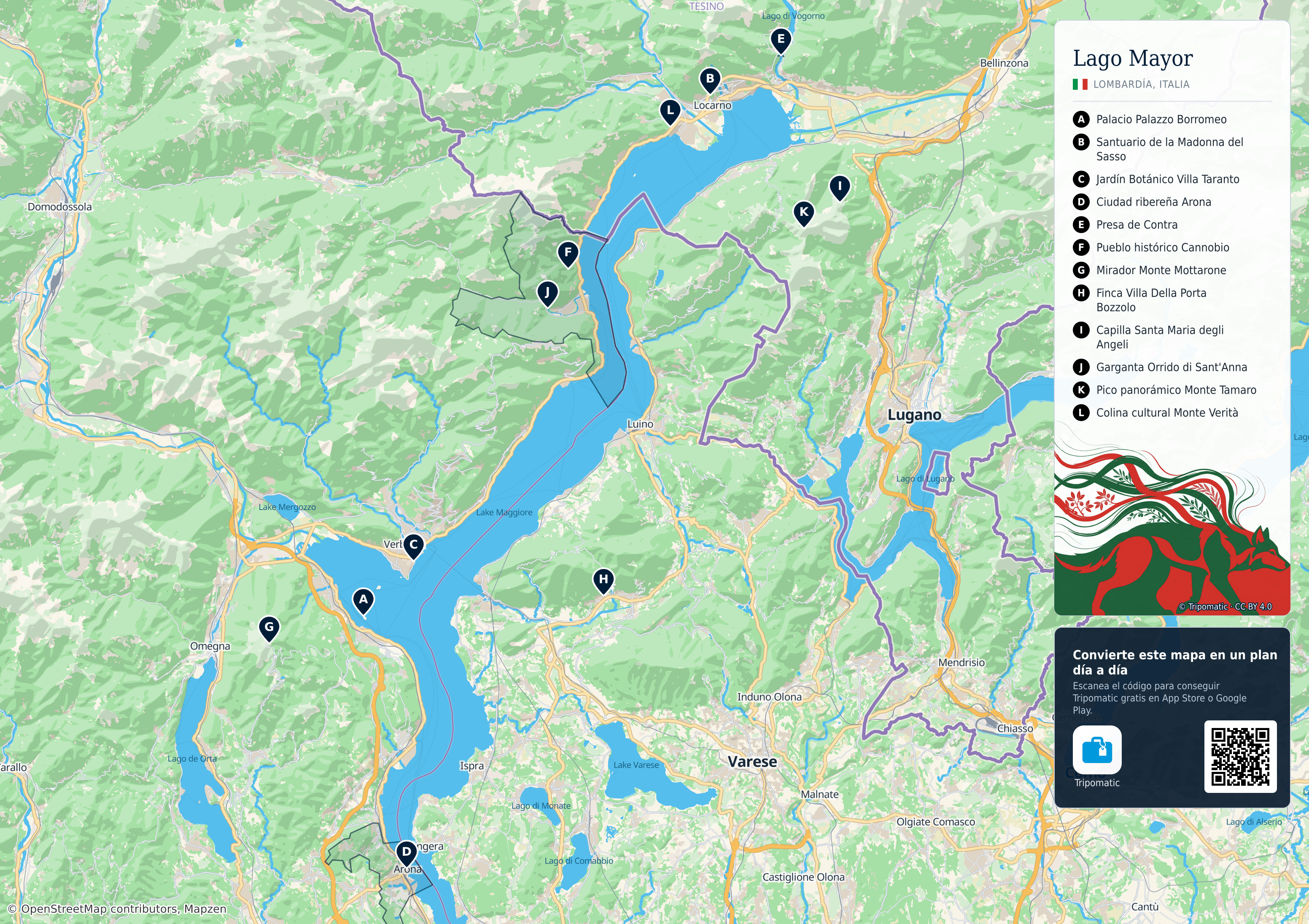 Lago Mayor – mapa turístico para imprimir con las principales atracciones numeradas
