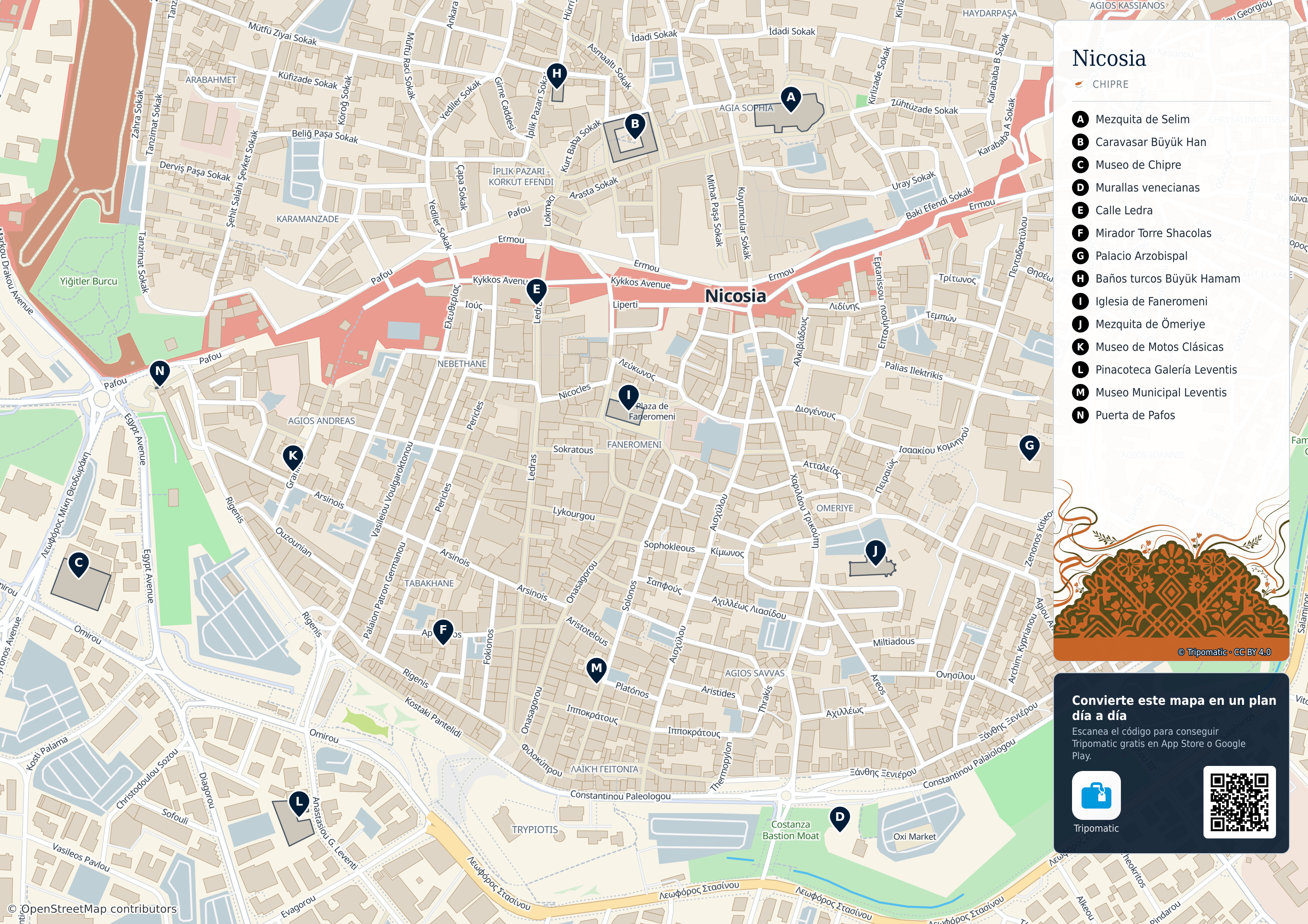 Nicosia – mapa turístico para imprimir con las principales atracciones numeradas