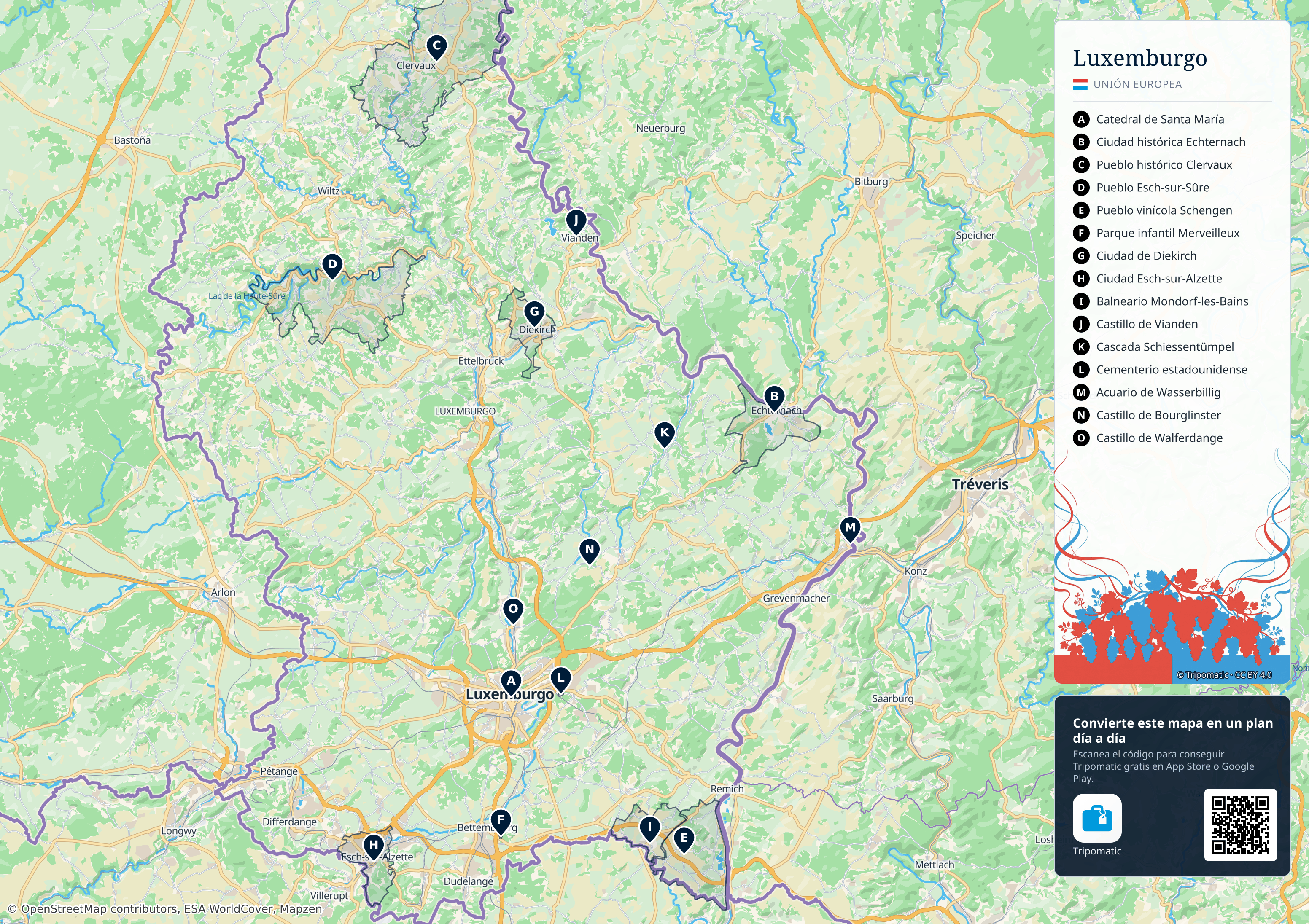 Luxemburgo – mapa turístico para imprimir con las principales atracciones numeradas