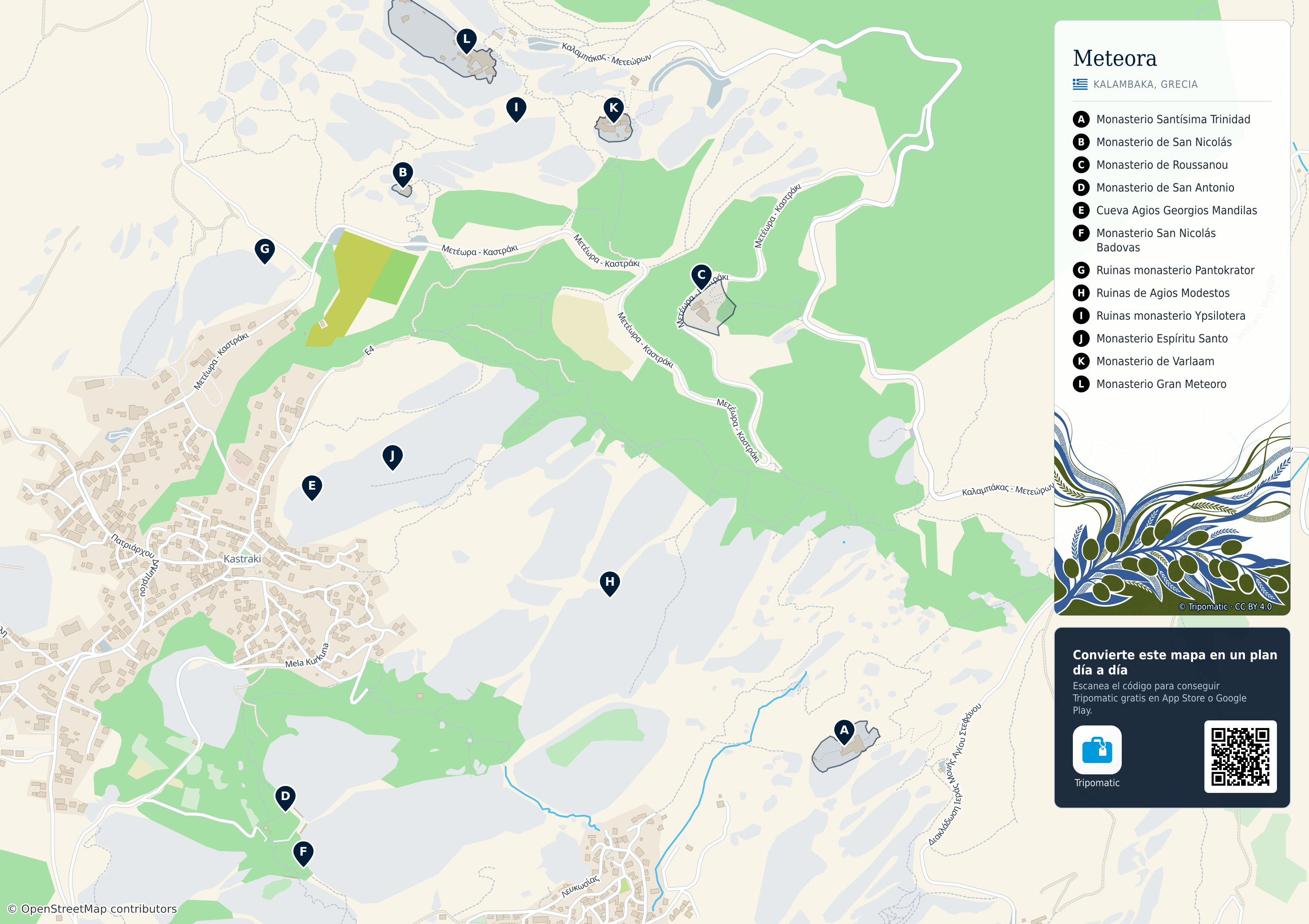 Meteora – mapa turístico para imprimir con las principales atracciones numeradas