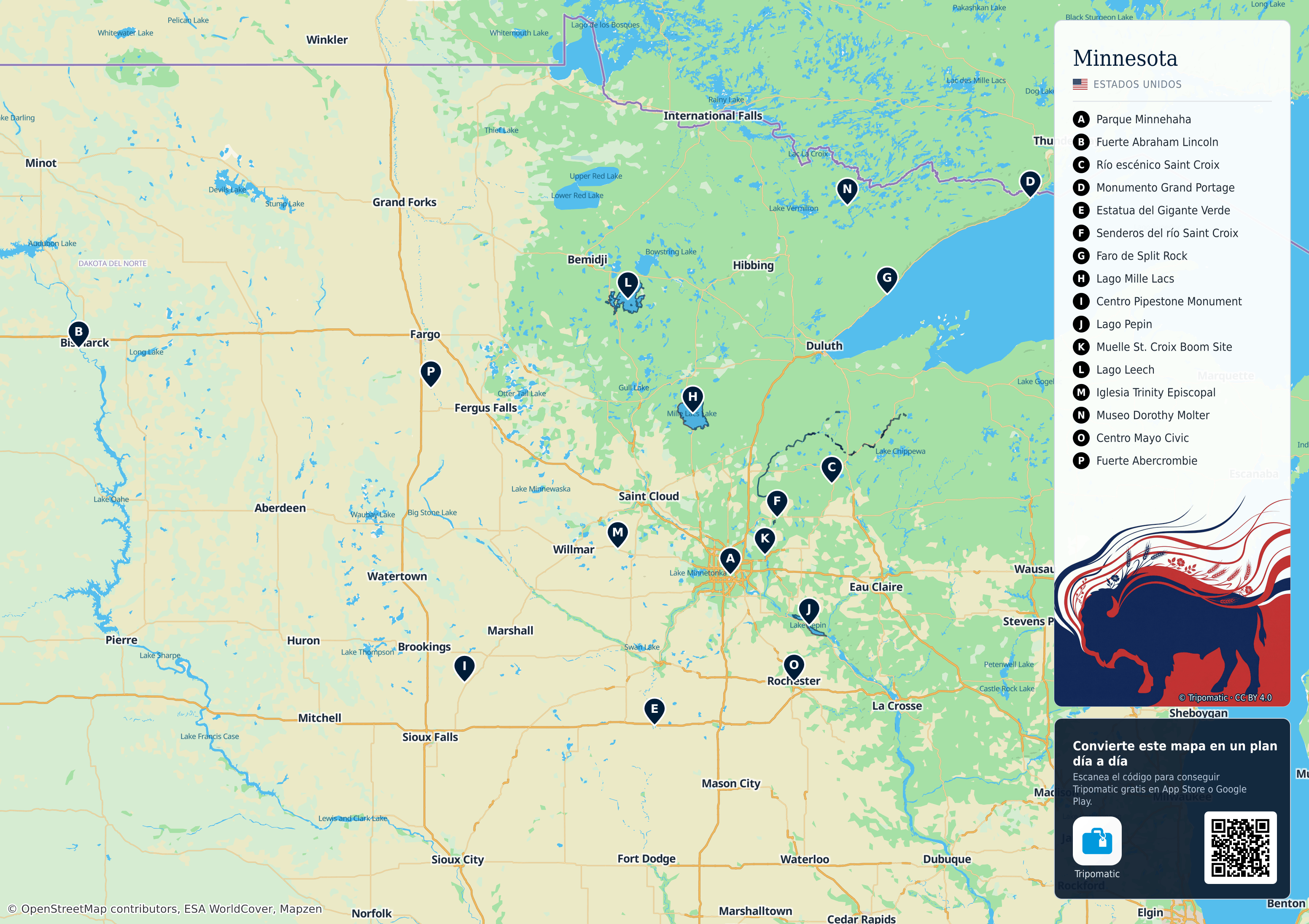 Minnesota – mapa turístico para imprimir con las principales atracciones numeradas