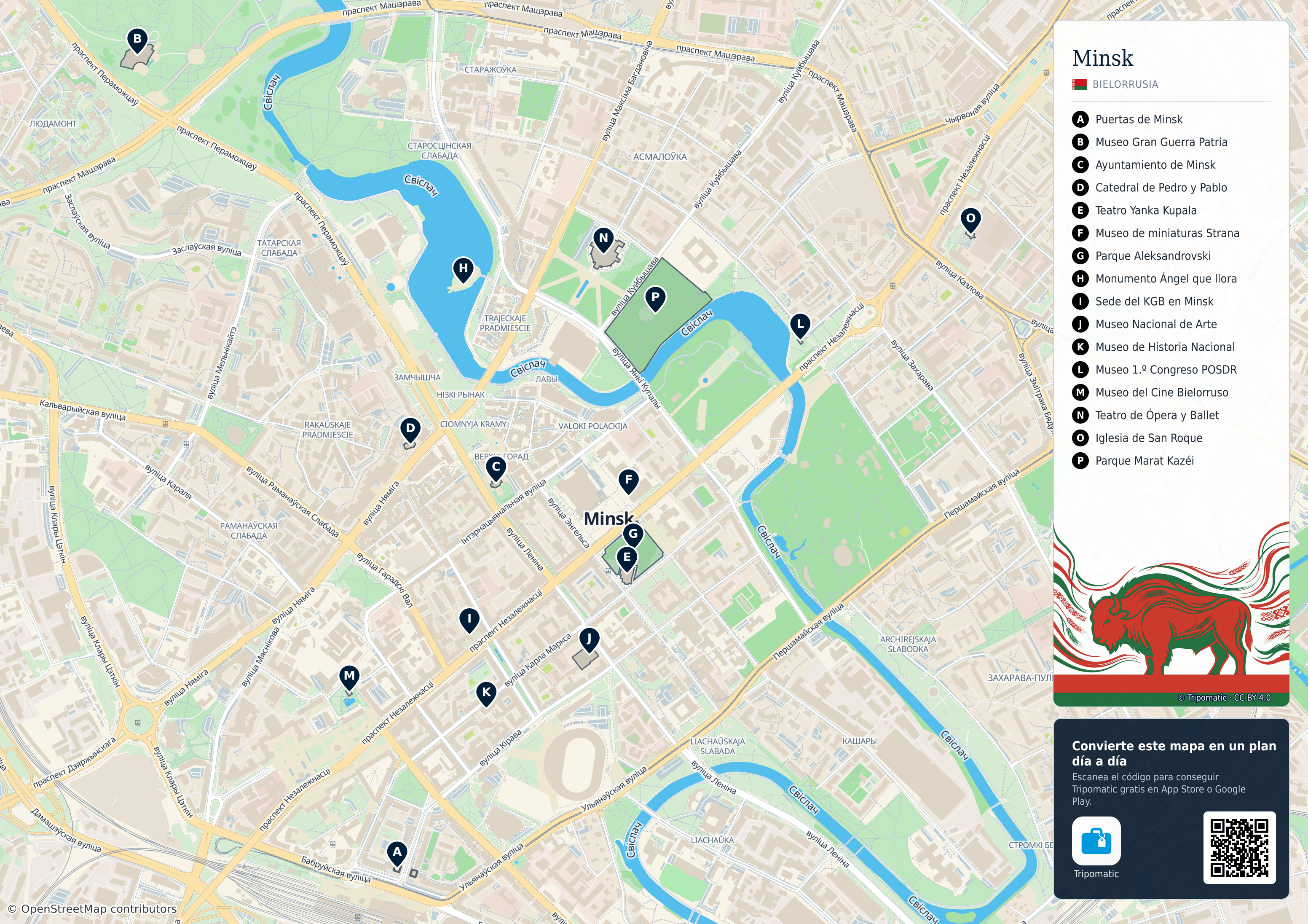 Minsk – mapa turístico para imprimir con las principales atracciones numeradas