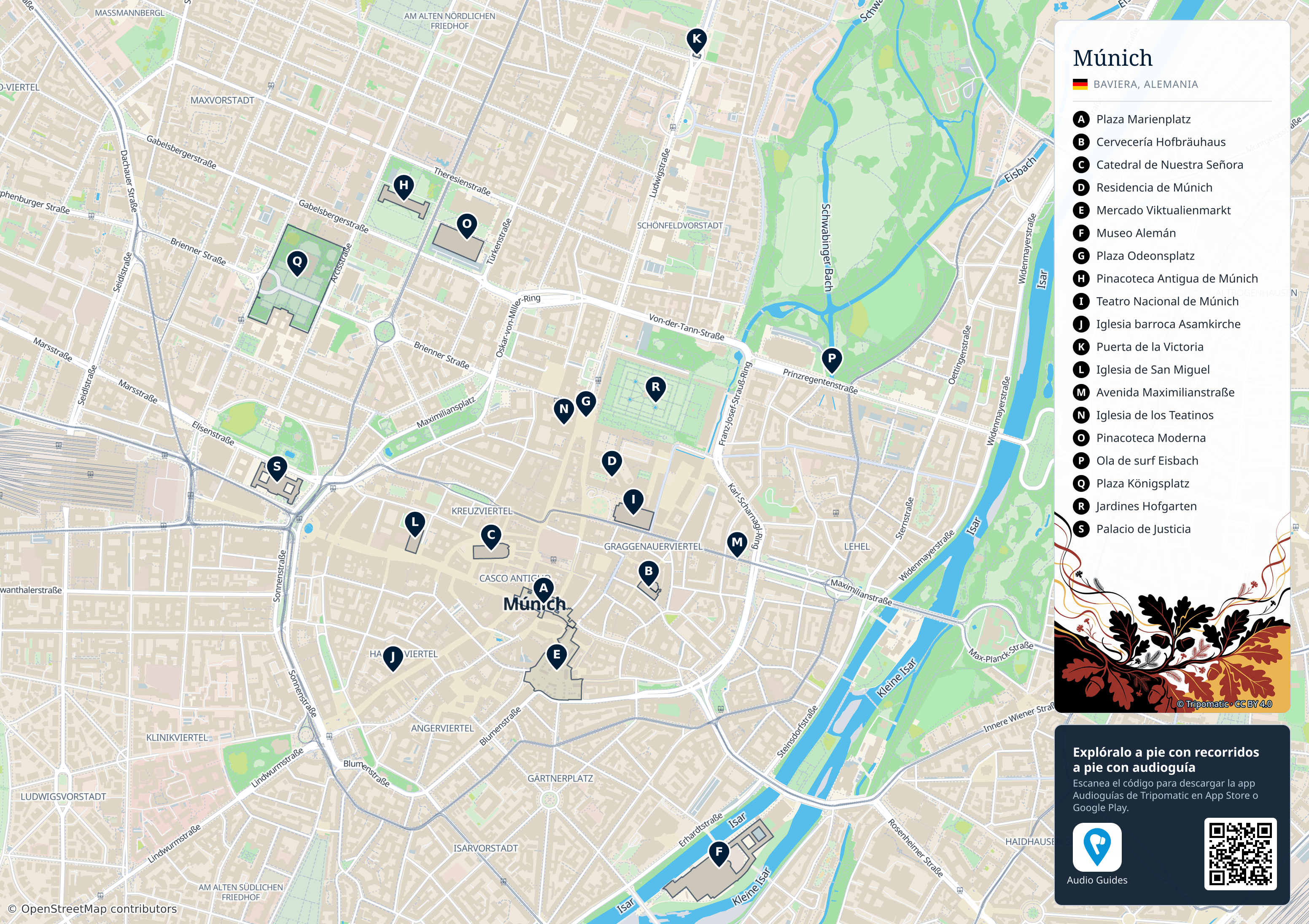 Múnich – mapa turístico para imprimir con las principales atracciones numeradas