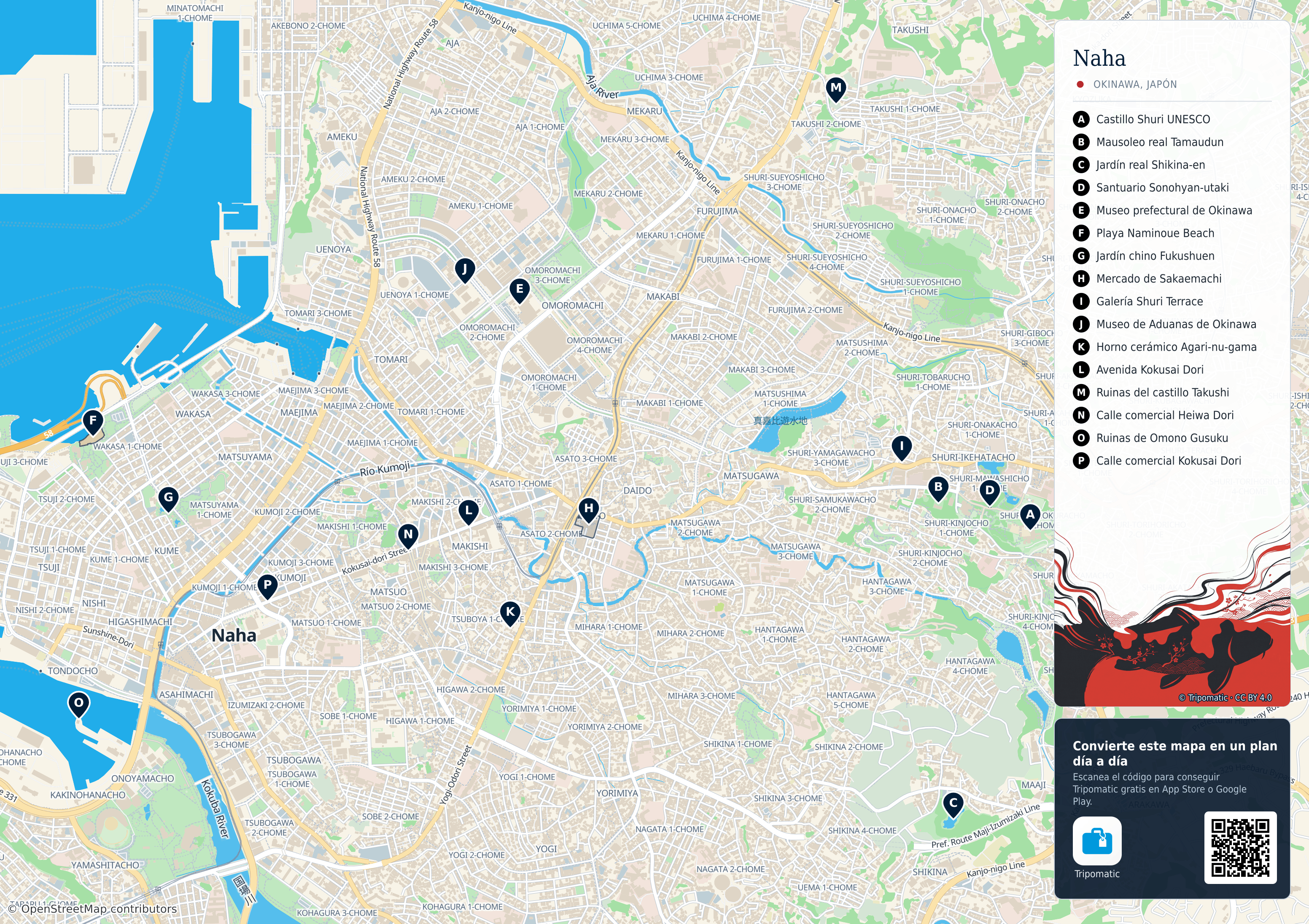 Naha – mapa turístico para imprimir con las principales atracciones numeradas