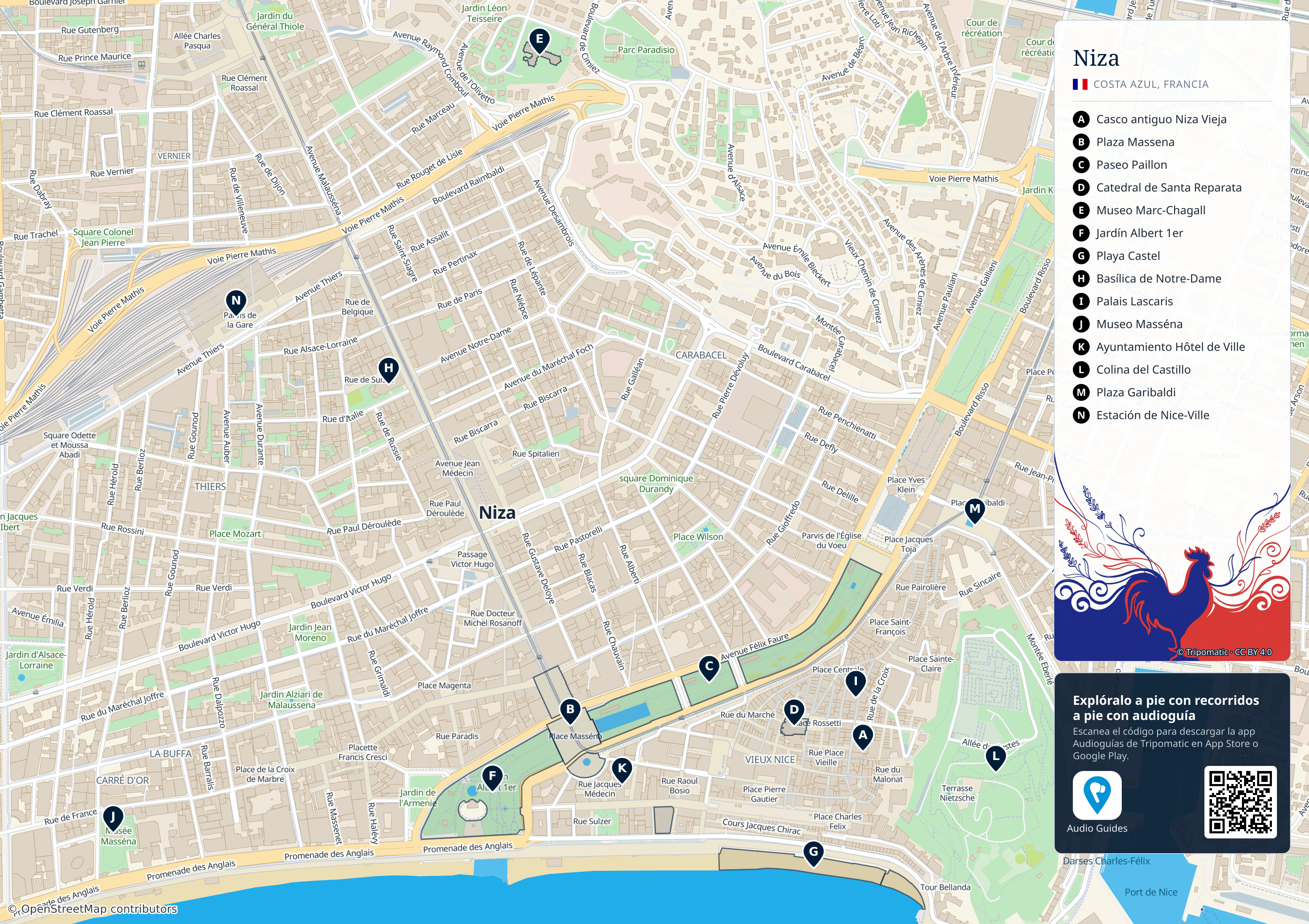 Niza – mapa turístico para imprimir con las principales atracciones numeradas