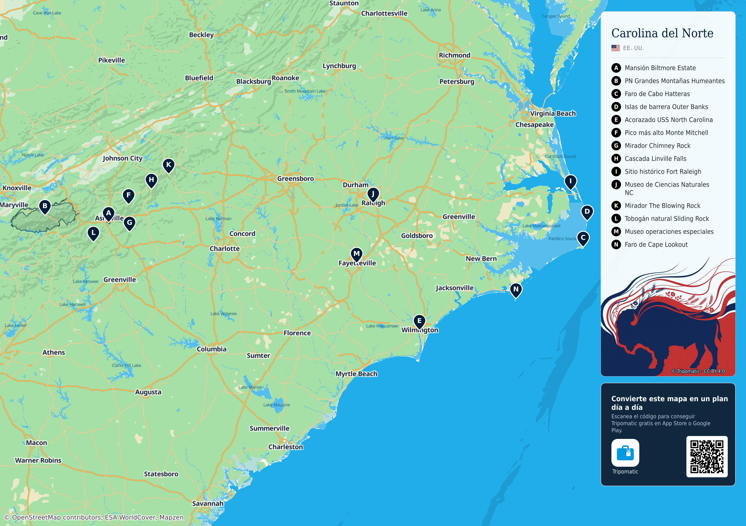 Carolina del Norte – mapa turístico para imprimir con las principales atracciones numeradas