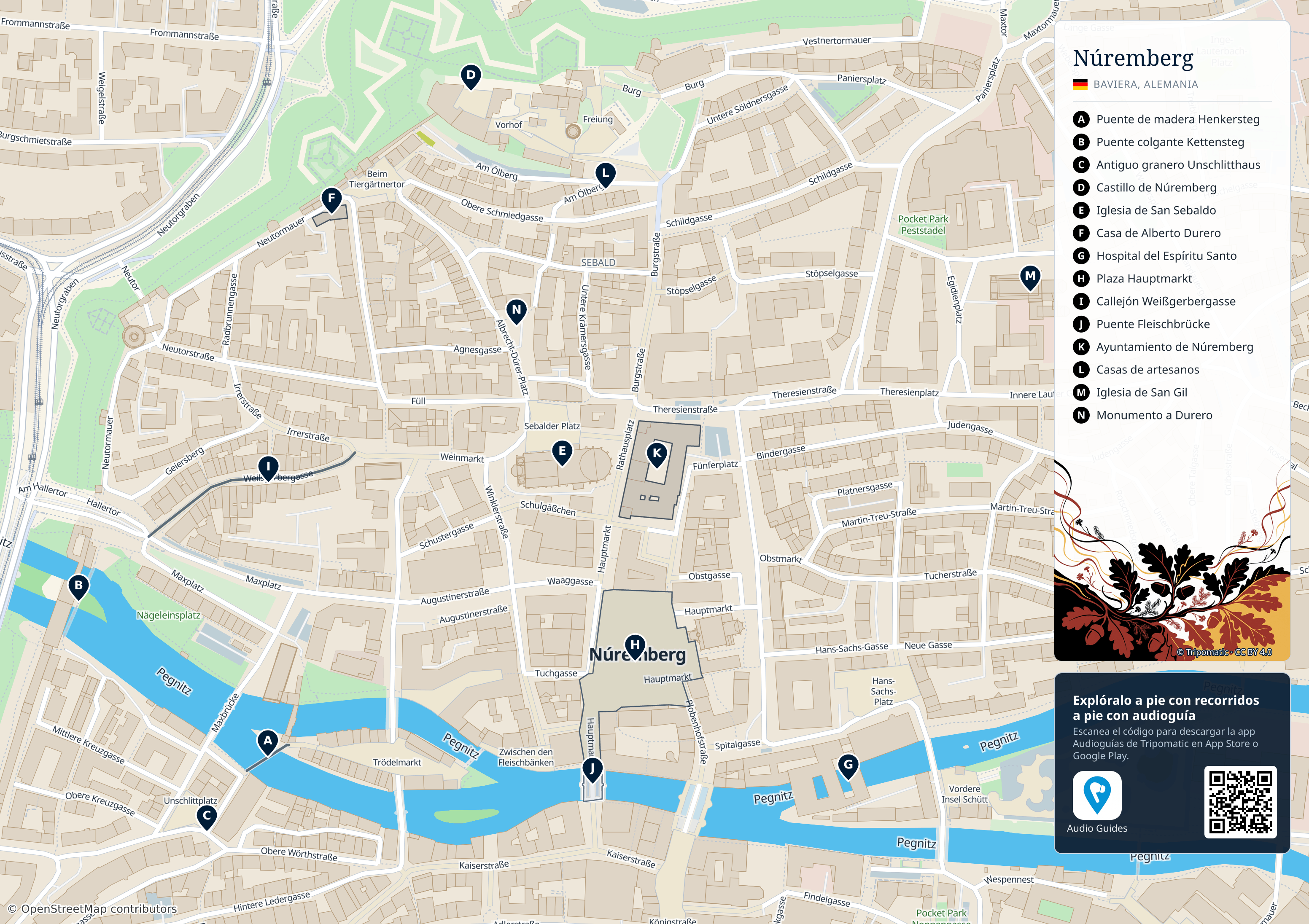 Núremberg – mapa turístico para imprimir con las principales atracciones numeradas