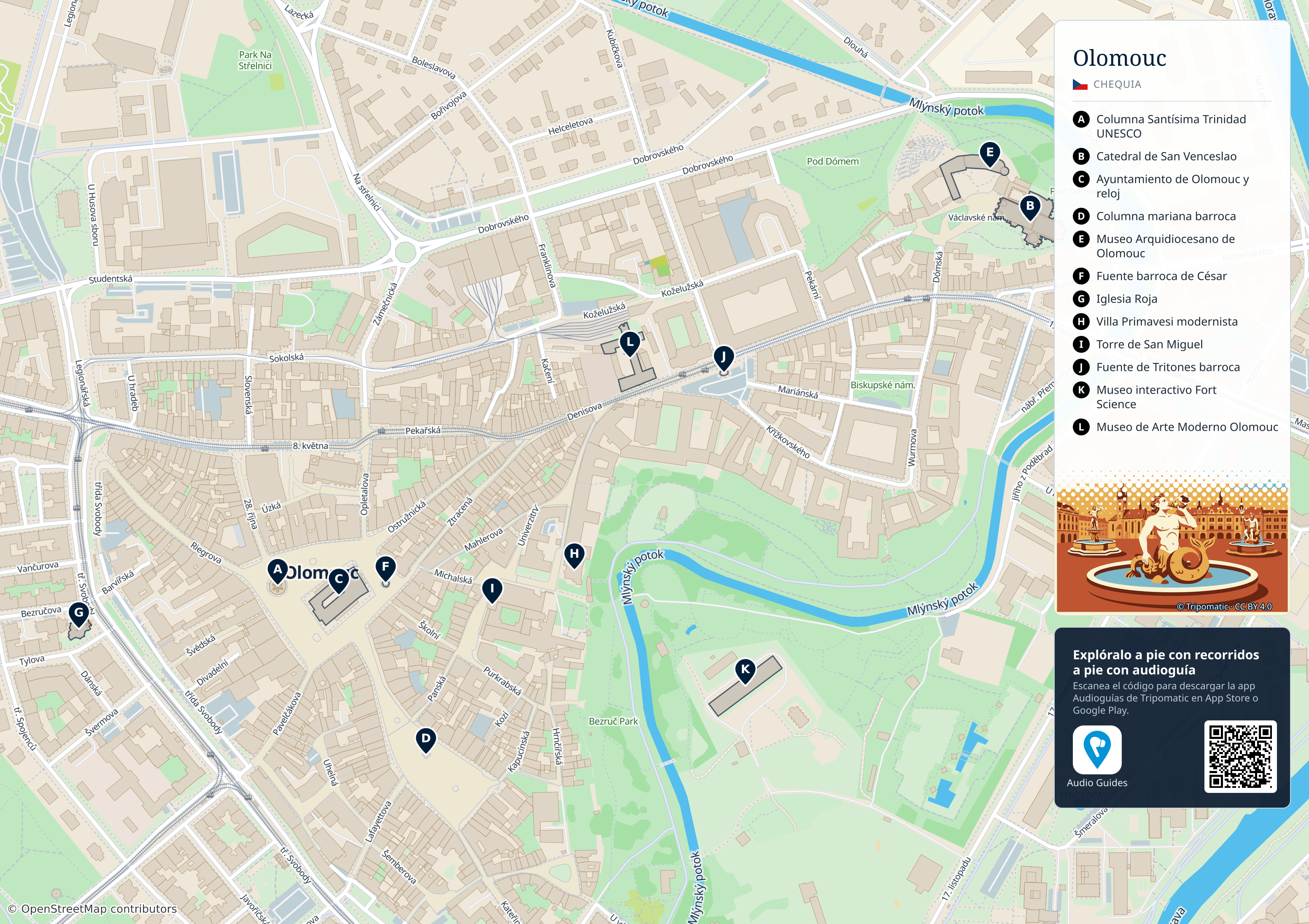 Olomouc – mapa turístico para imprimir con las principales atracciones numeradas