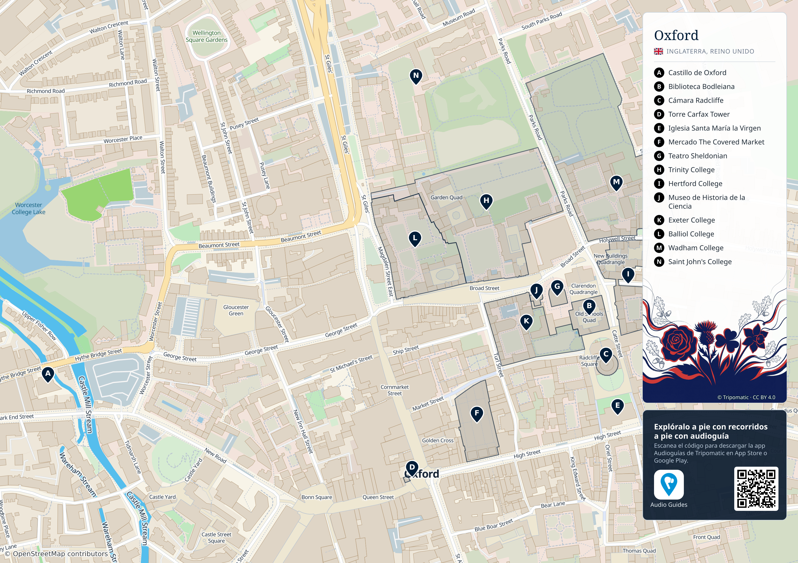 Oxford – mapa turístico para imprimir con las principales atracciones numeradas