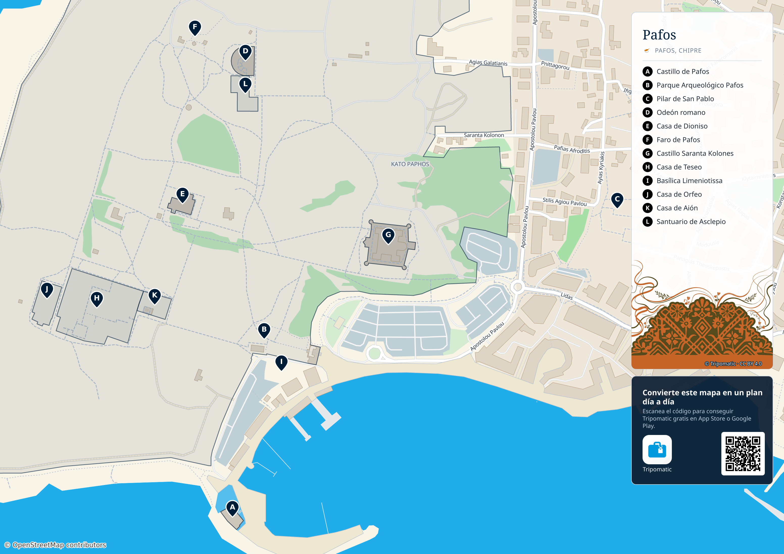 Paphos Municipality – mapa turístico para imprimir con las principales atracciones numeradas