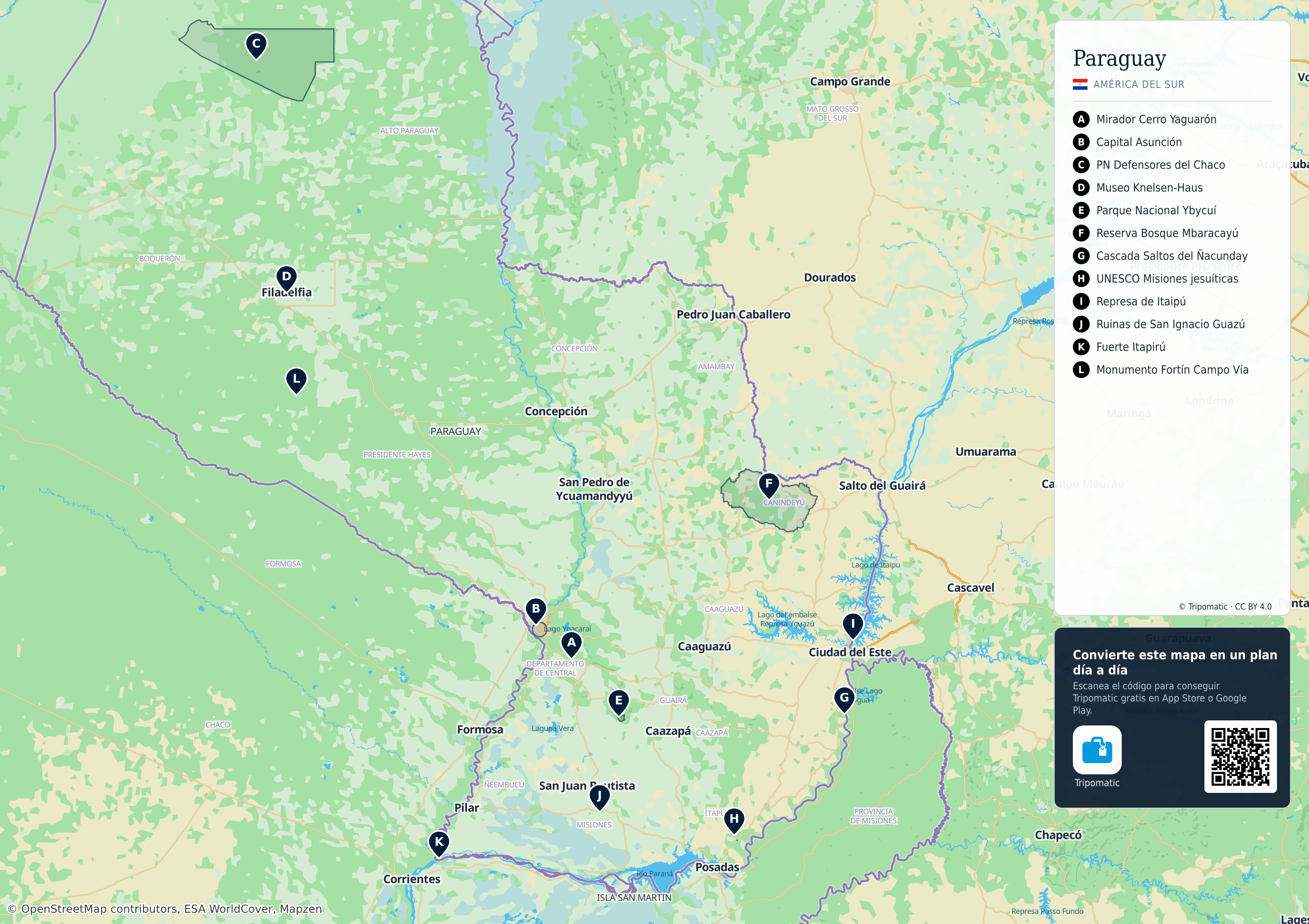 Paraguay – mapa turístico para imprimir con las principales atracciones numeradas