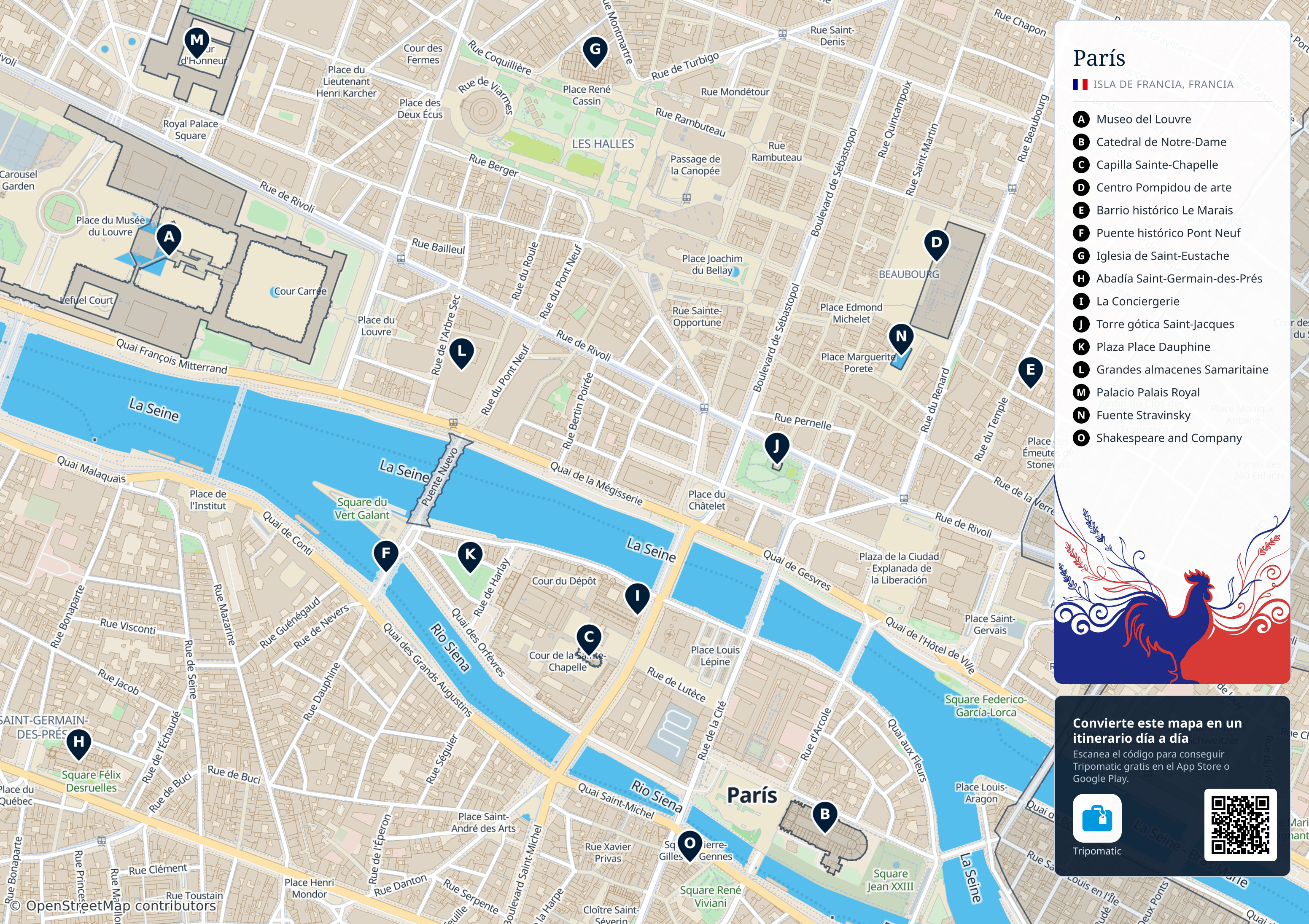 París – mapa turístico imprimible con las principales atracciones numeradas