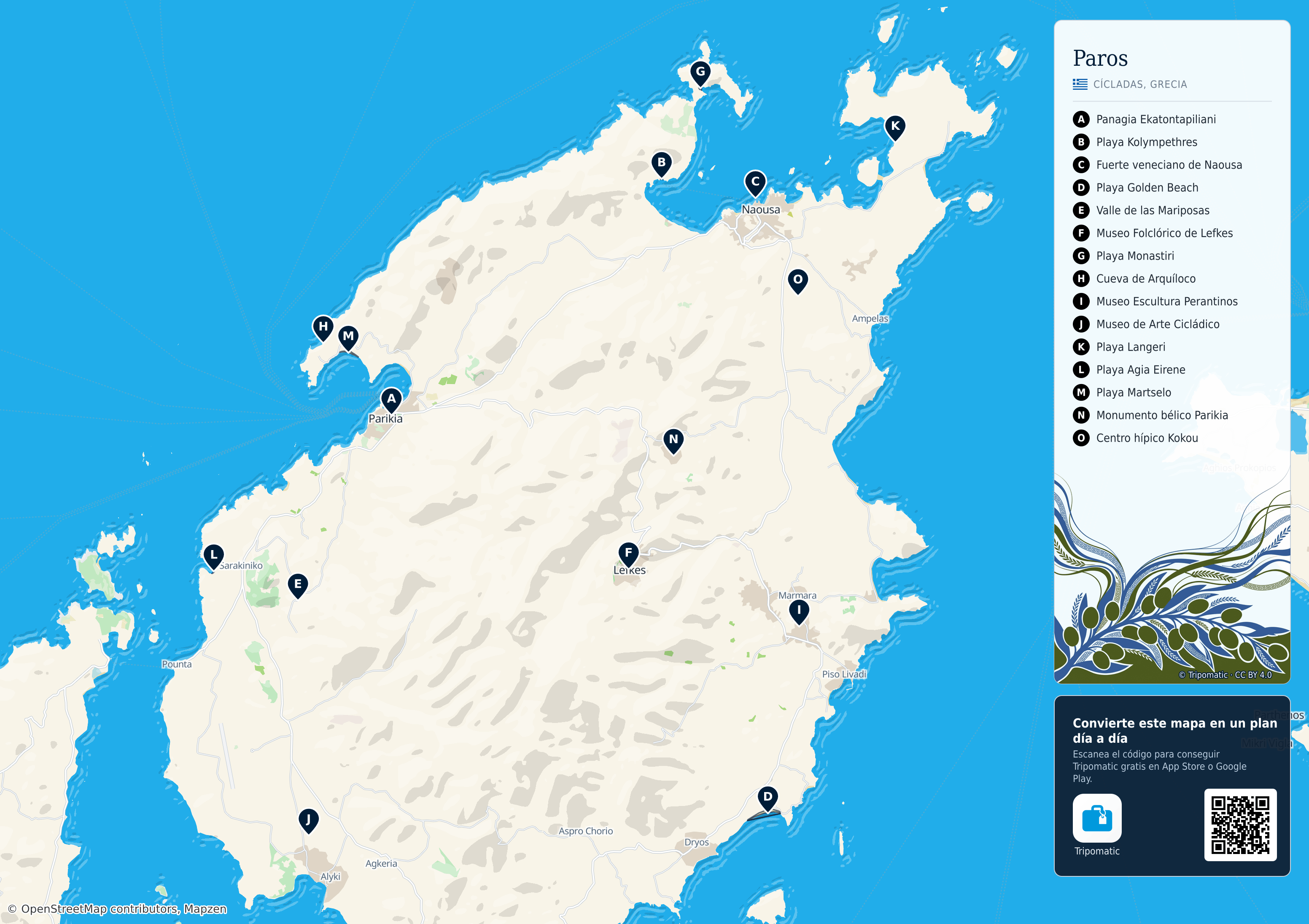 Paros – mapa turístico para imprimir con las principales atracciones numeradas
