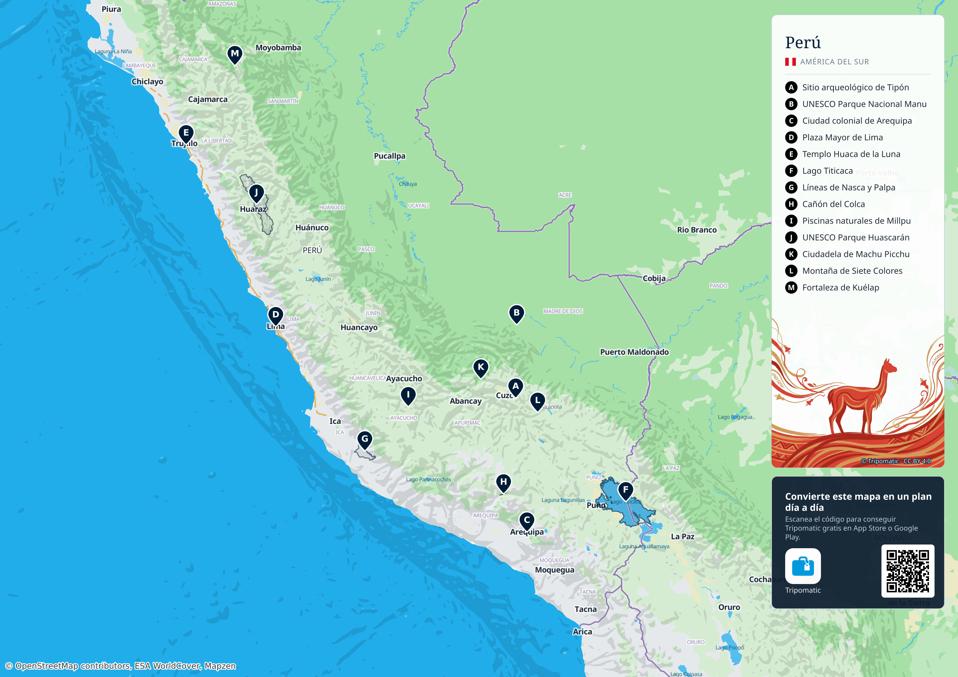 Perú – mapa turístico para imprimir con las principales atracciones numeradas