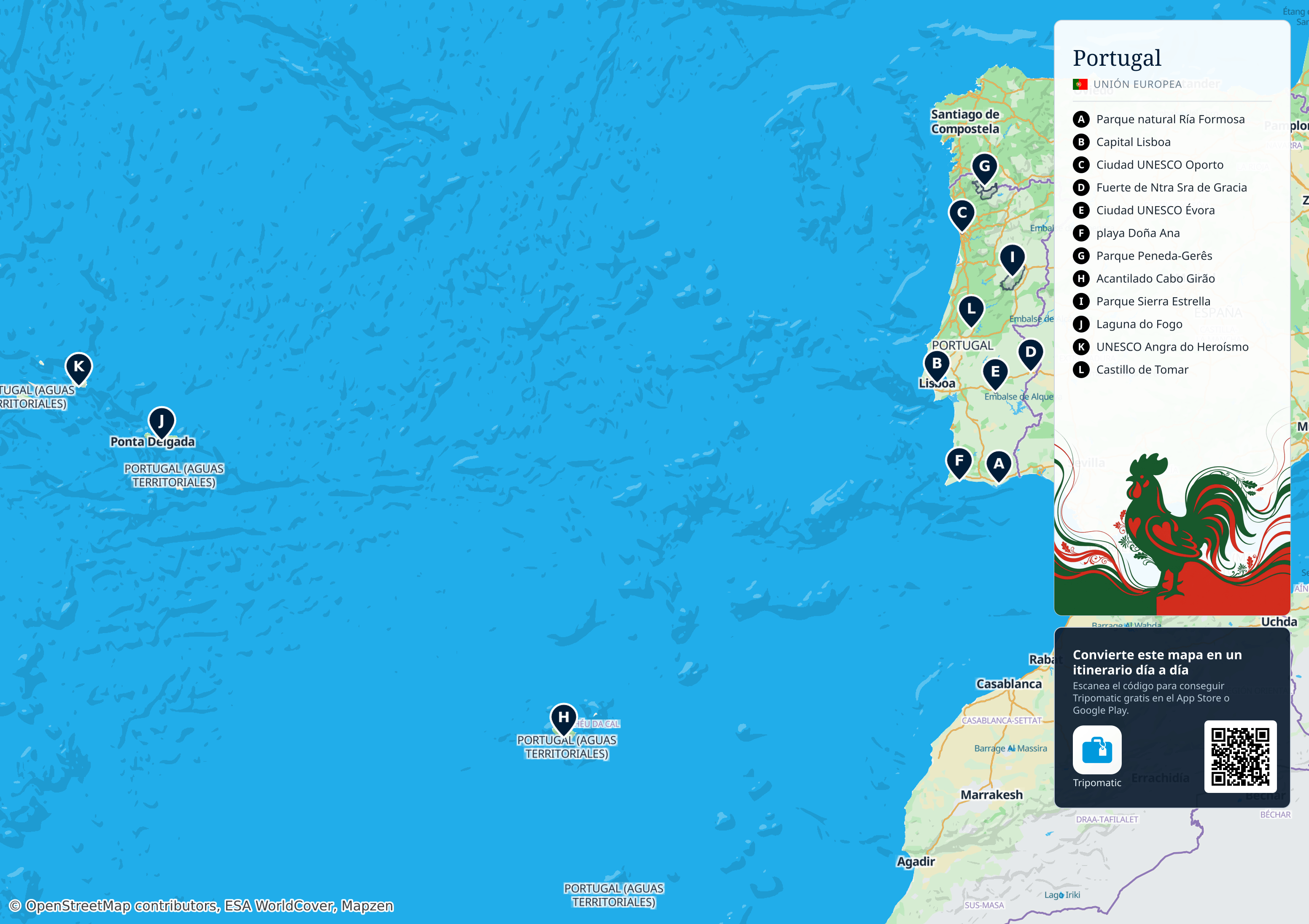 Portugal – mapa turístico imprimible con las principales atracciones numeradas