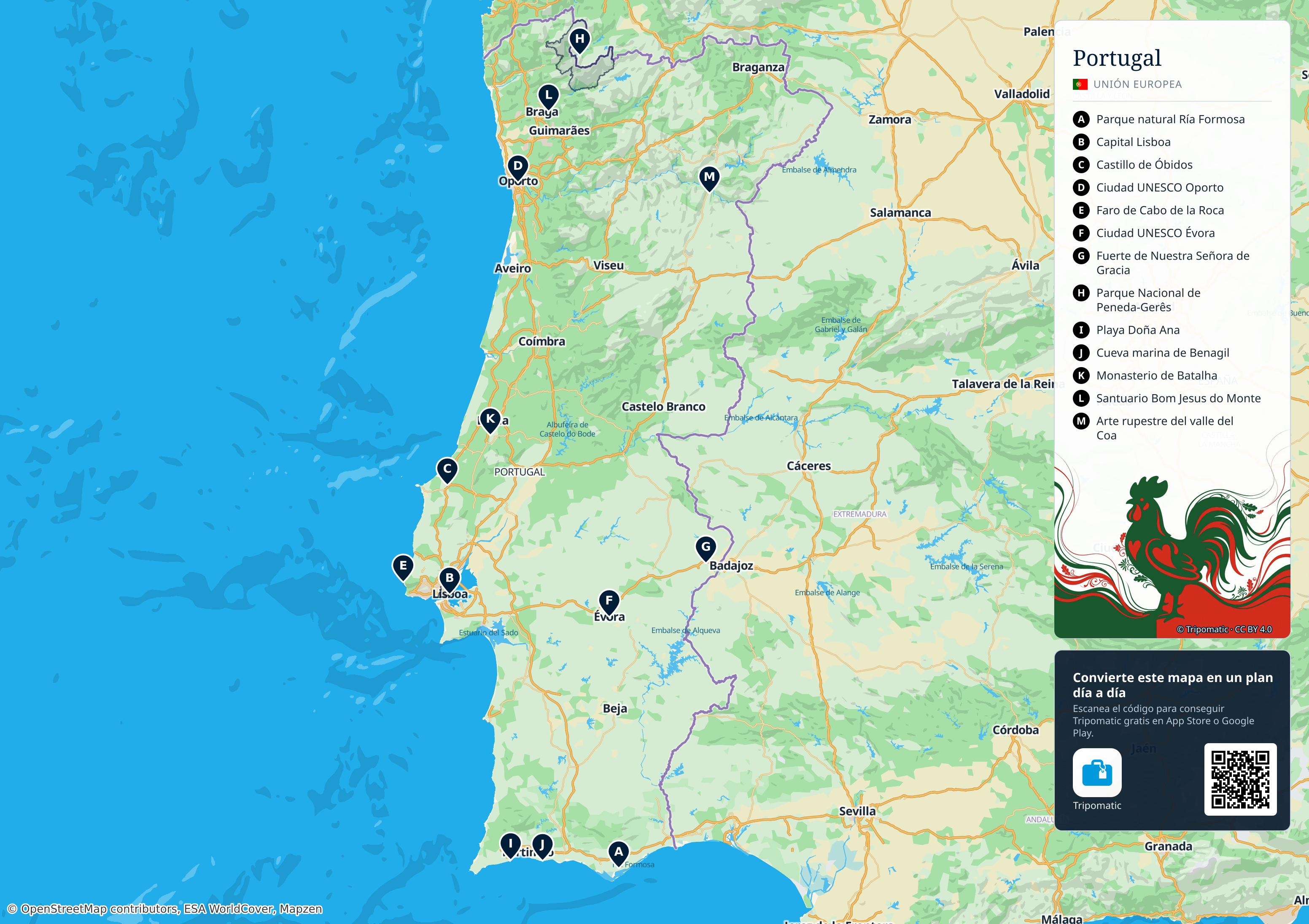 Portugal – mapa turístico para imprimir con las principales atracciones numeradas