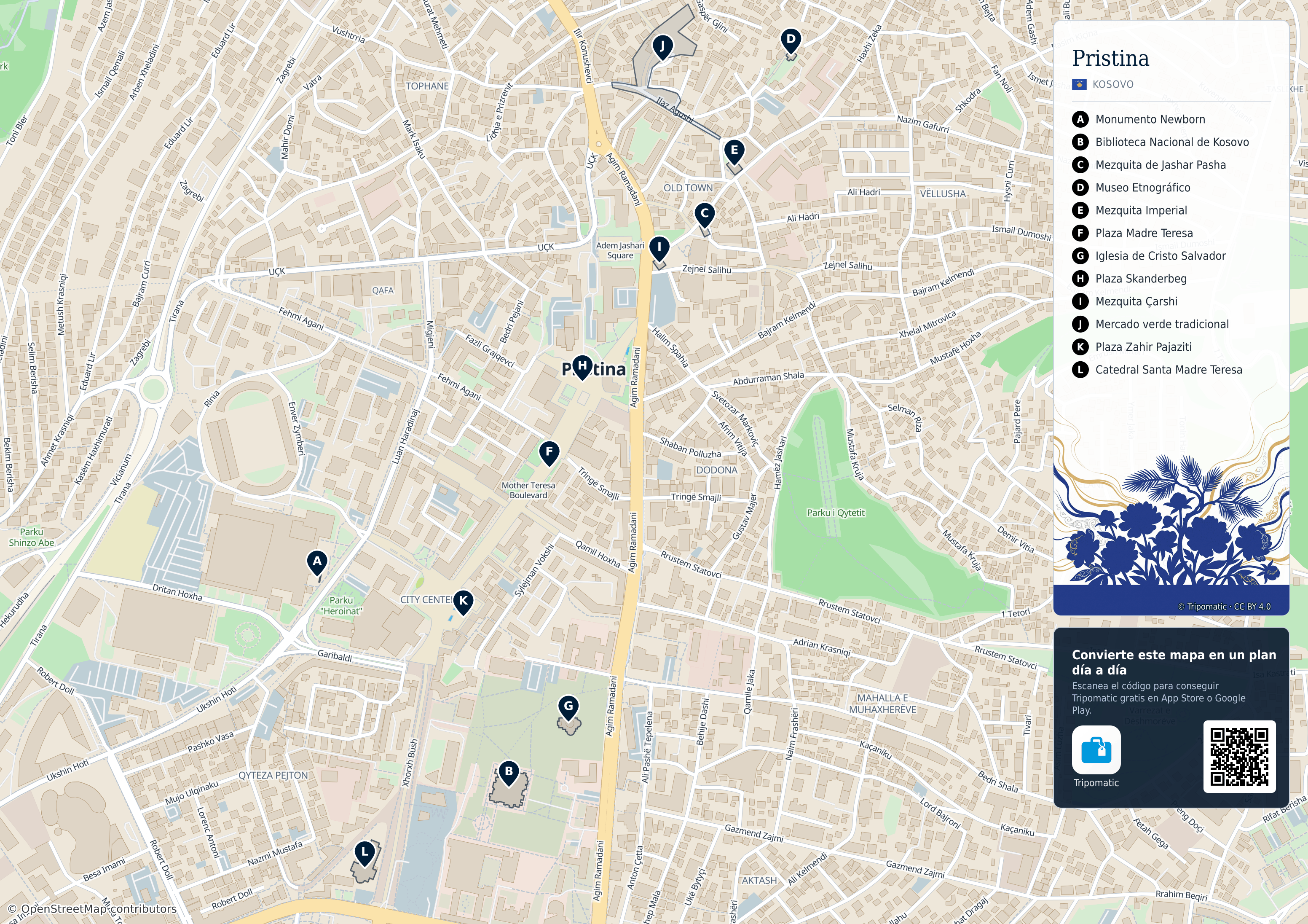 Pristina – mapa turístico para imprimir con las principales atracciones numeradas
