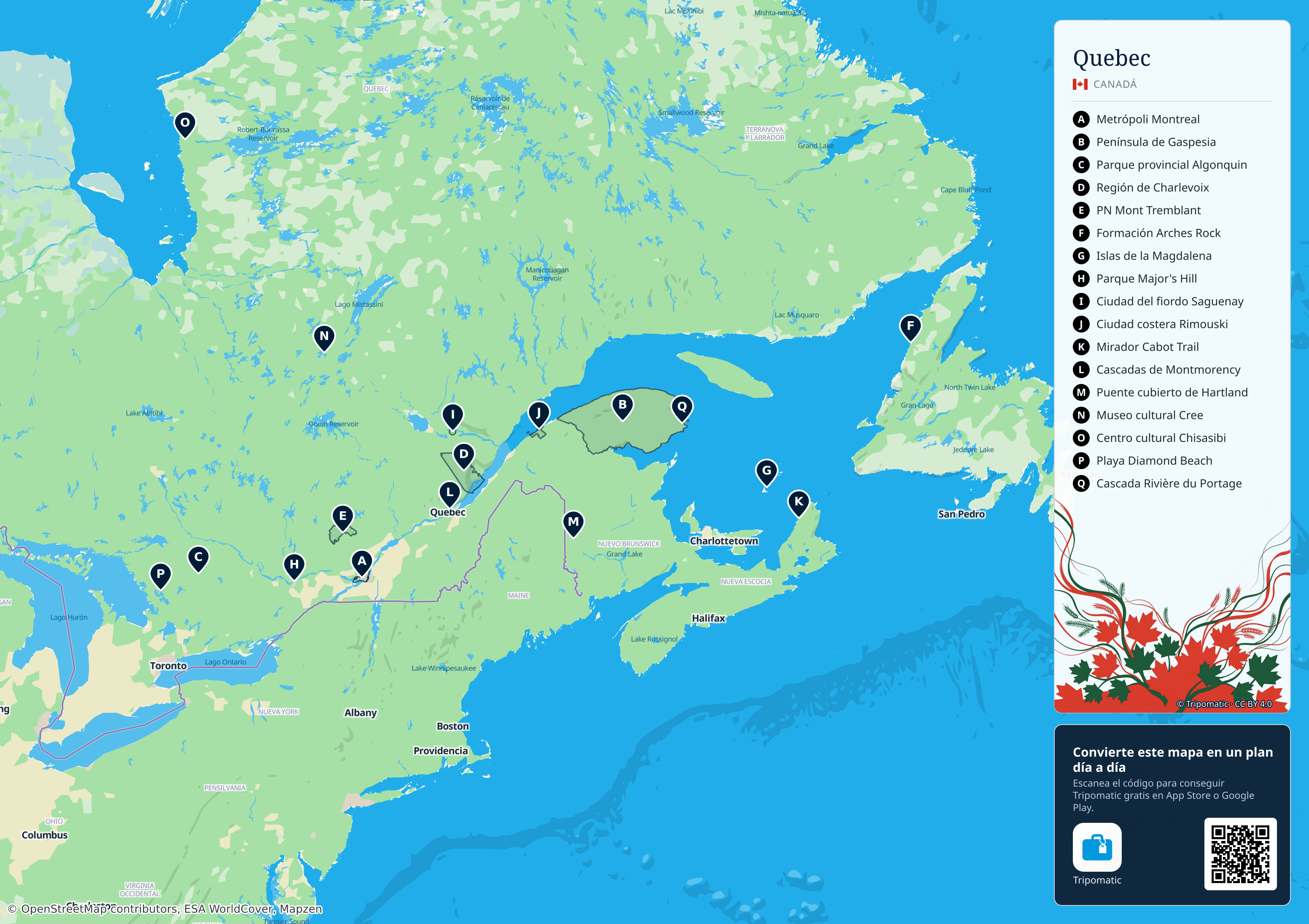 Quebec – mapa turístico para imprimir con las principales atracciones numeradas