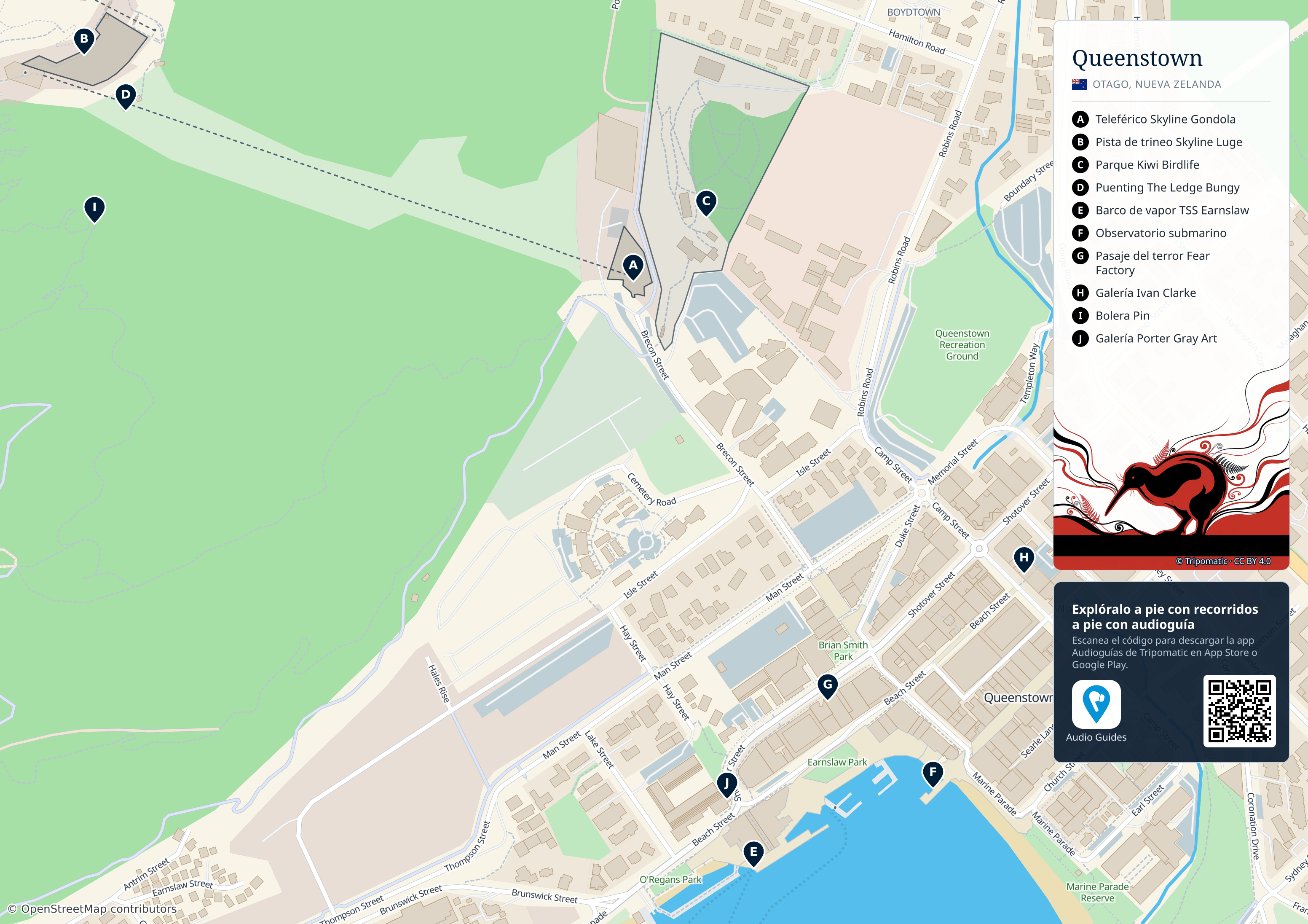 Queenstown – mapa turístico para imprimir con las principales atracciones numeradas