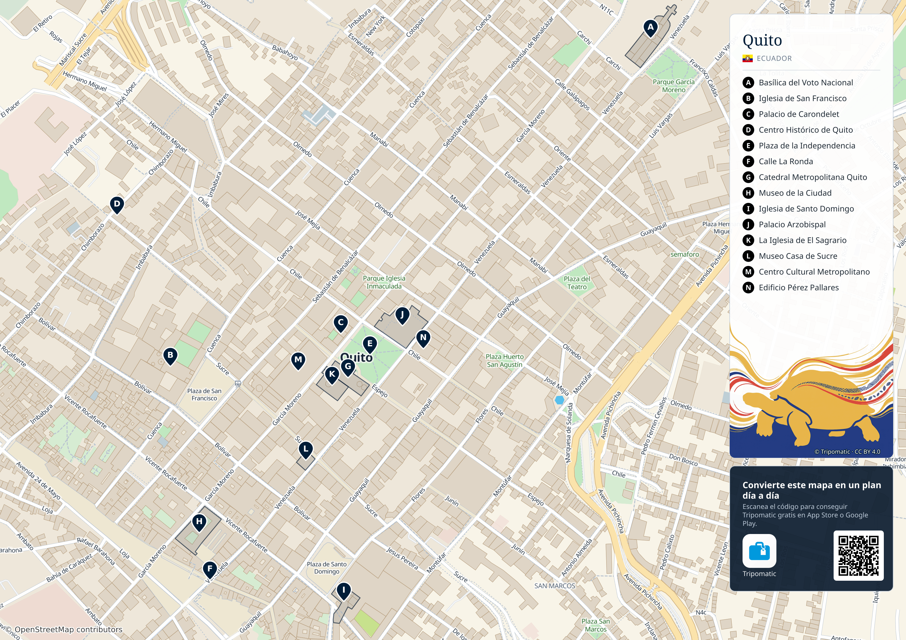 Quito – mapa turístico para imprimir con las principales atracciones numeradas