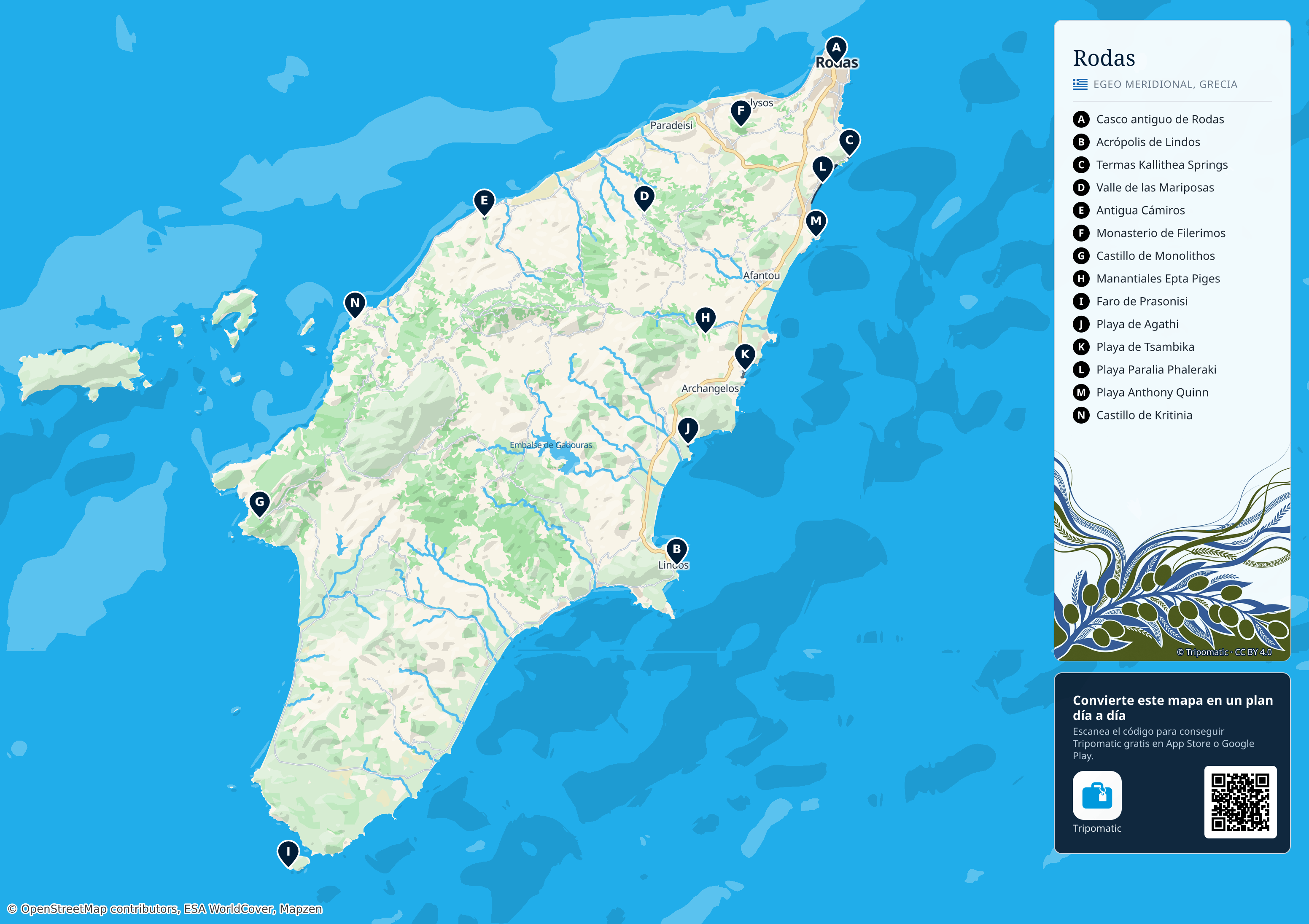 Rodas – mapa turístico para imprimir con las principales atracciones numeradas