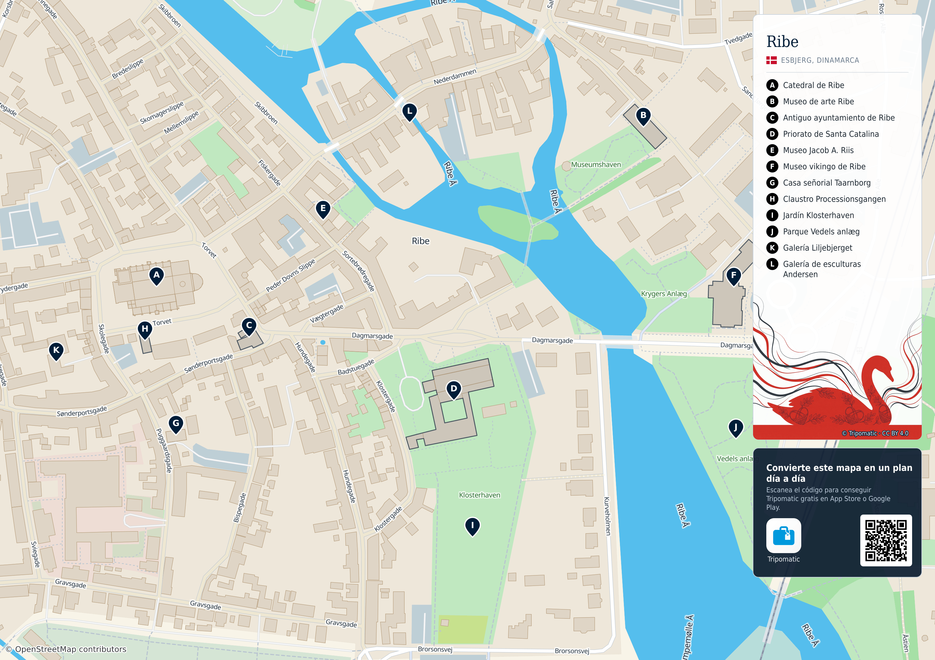Ribe – mapa turístico para imprimir con las principales atracciones numeradas