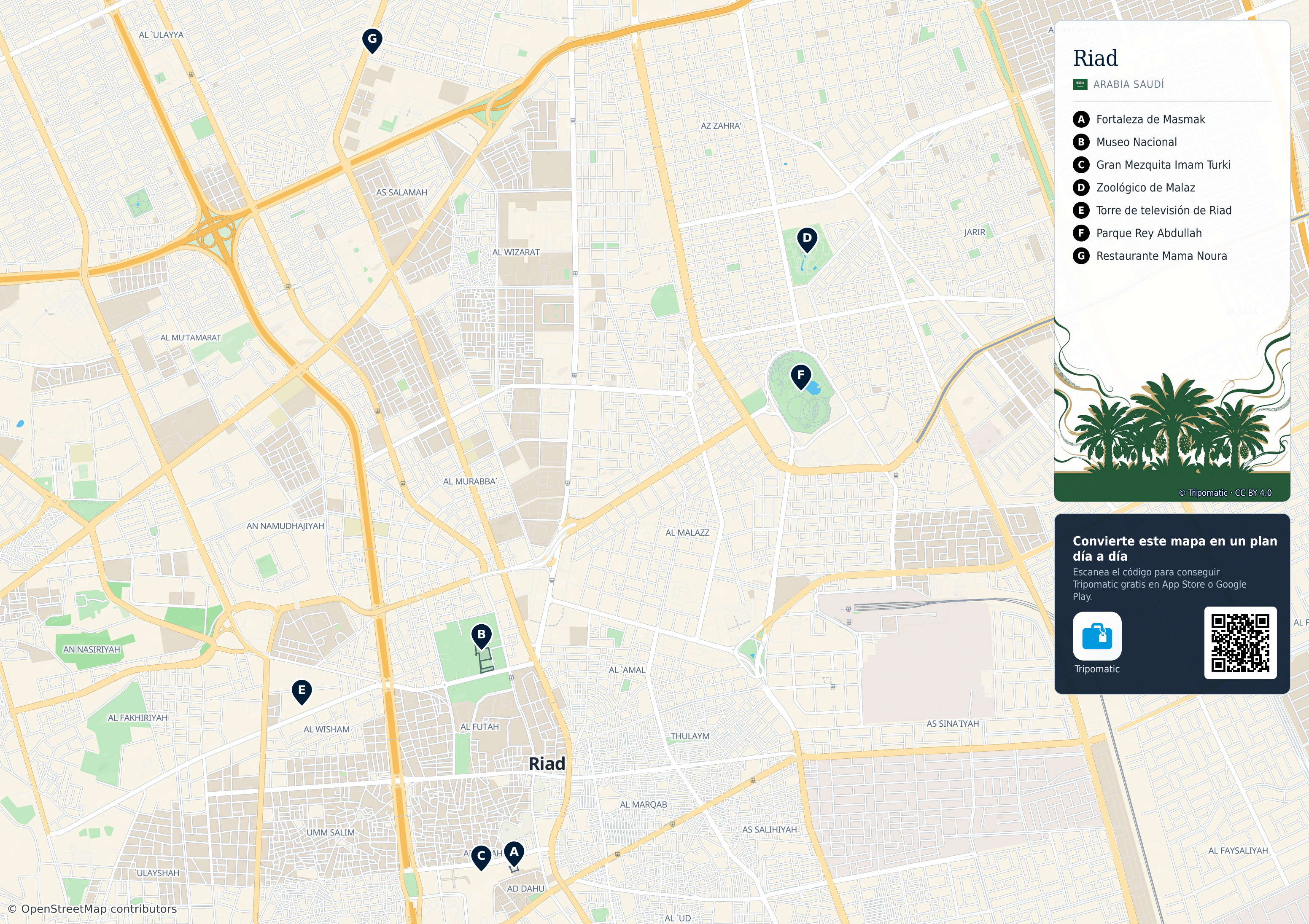 Riad – mapa turístico para imprimir con las principales atracciones numeradas
