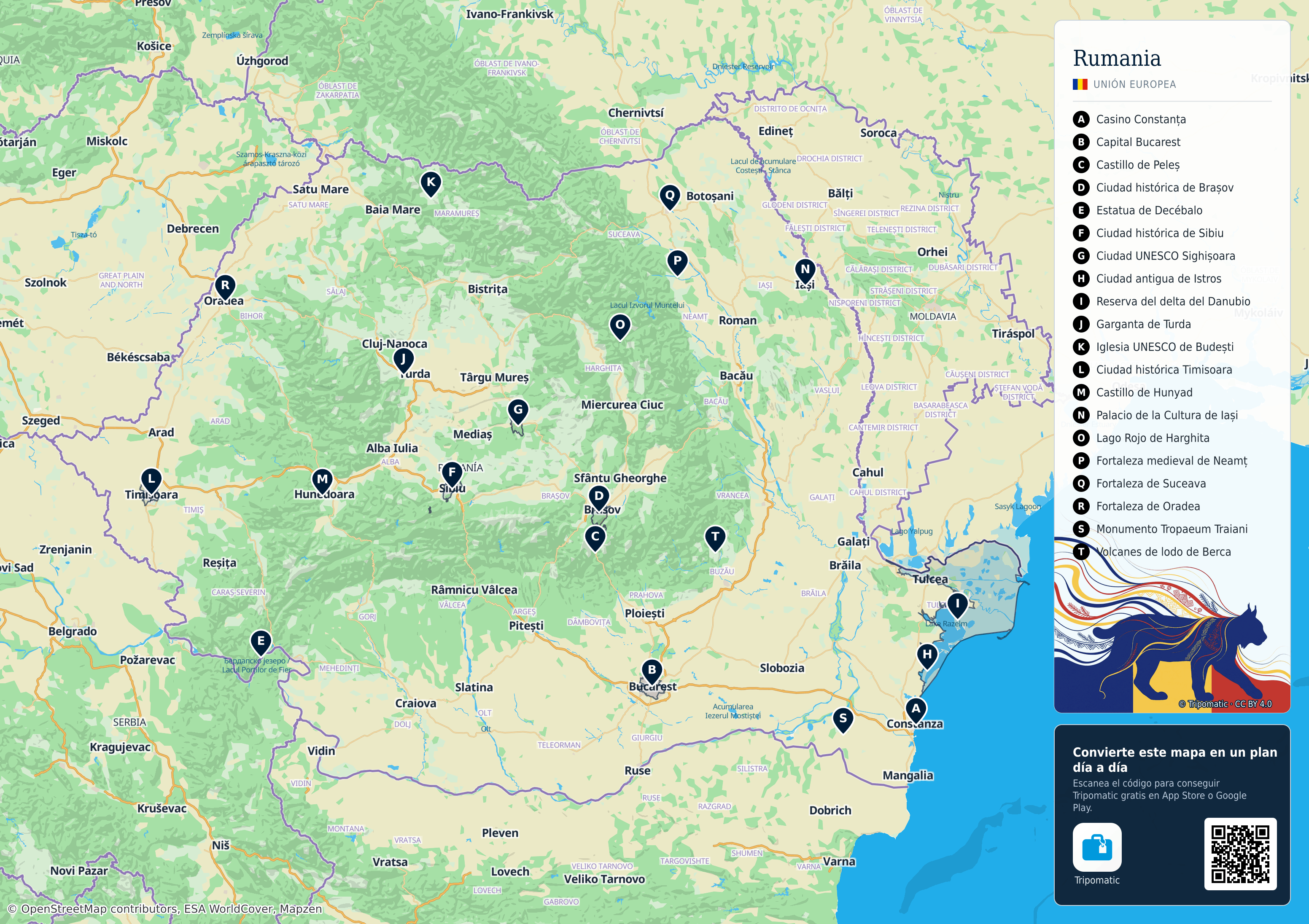 Rumania – mapa turístico para imprimir con las principales atracciones numeradas