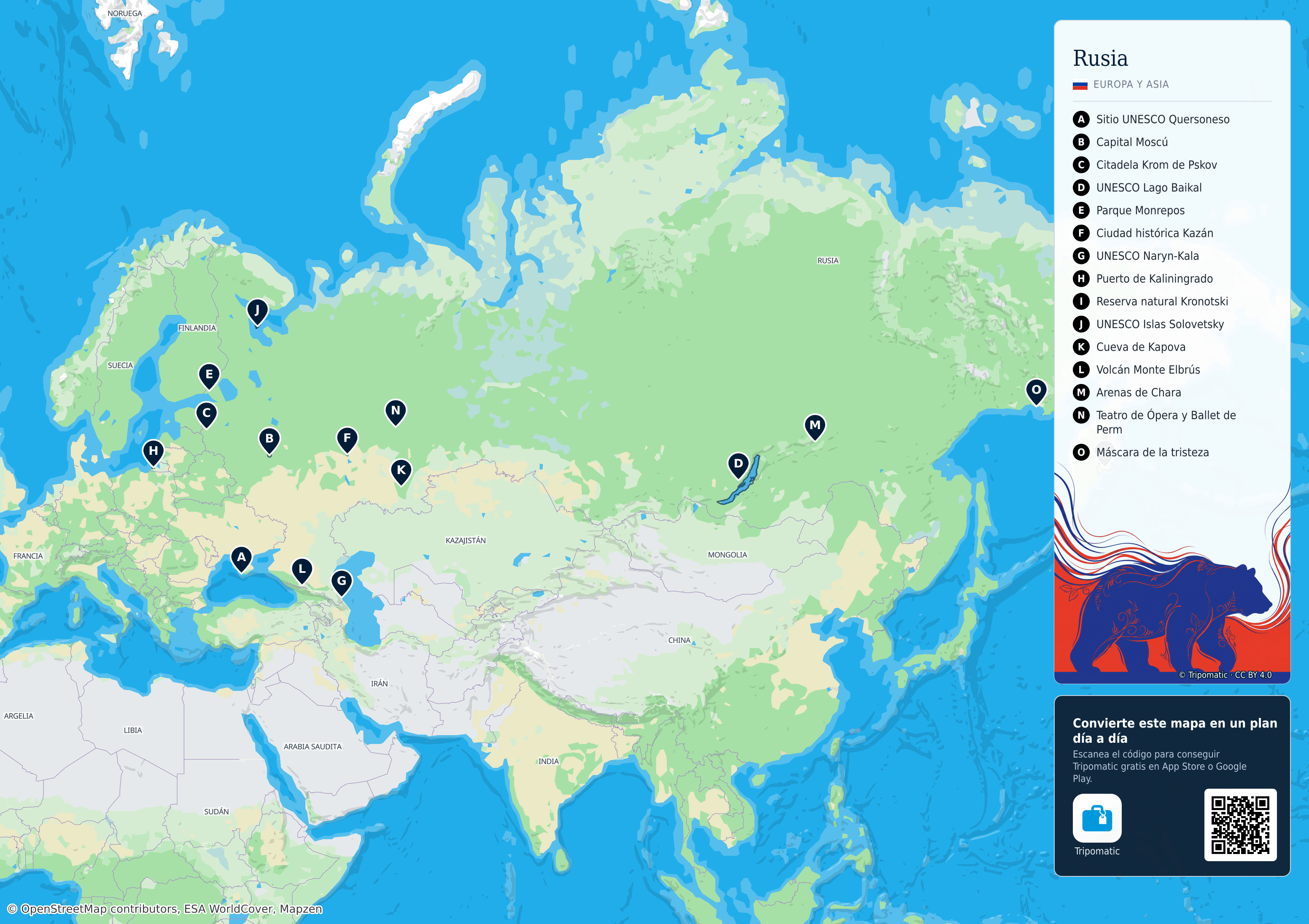 Rusia – mapa turístico para imprimir con las principales atracciones numeradas