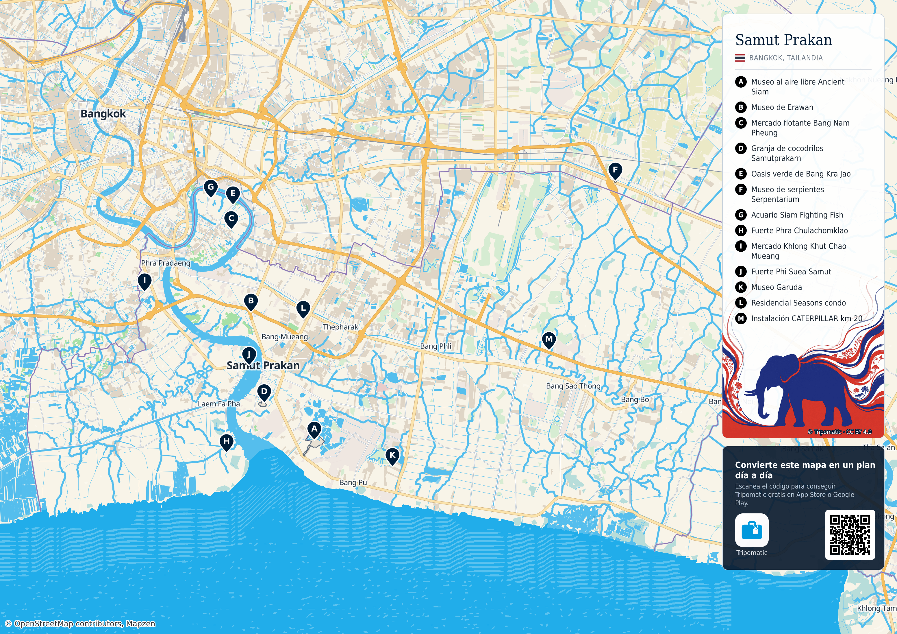 Samut Prakan – mapa turístico para imprimir con las principales atracciones numeradas